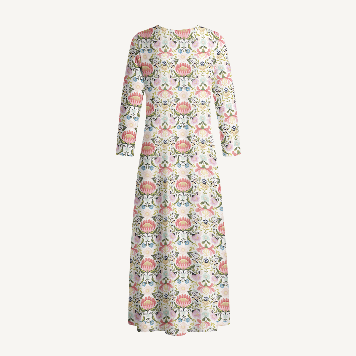 Pink Floral Lantern Motif Print Soft-Touch Stretch Knit Long Sleeve Maxi Dress with Pockets