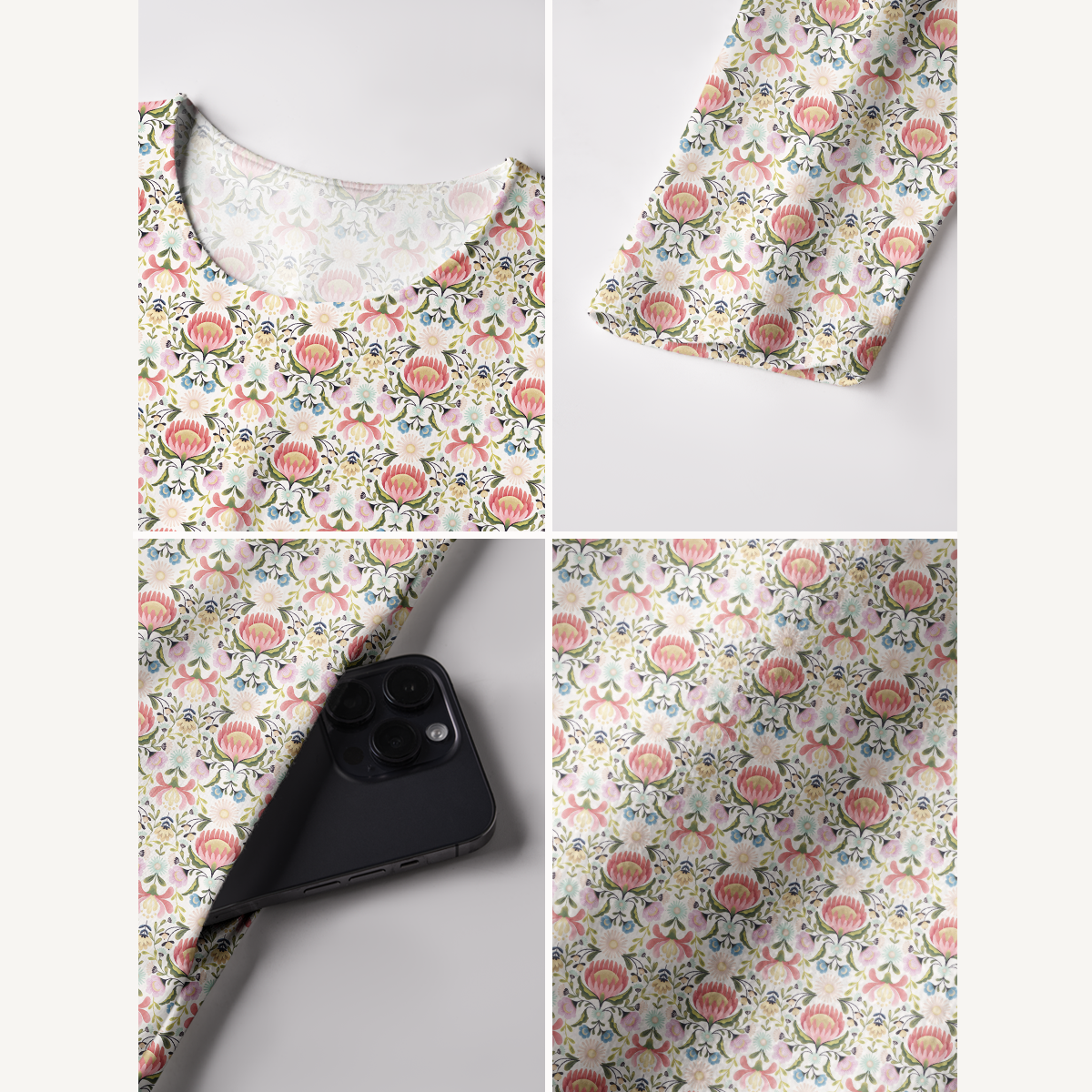 Pink Floral Lantern Motif Print Soft-Touch Stretch Knit Long Sleeve Maxi Dress with Pockets