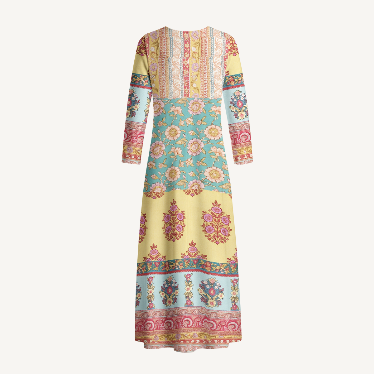 Paisley Inspired Pattern Print Soft-Touch Stretch Knit Long Sleeve Maxi Dress with Pockets