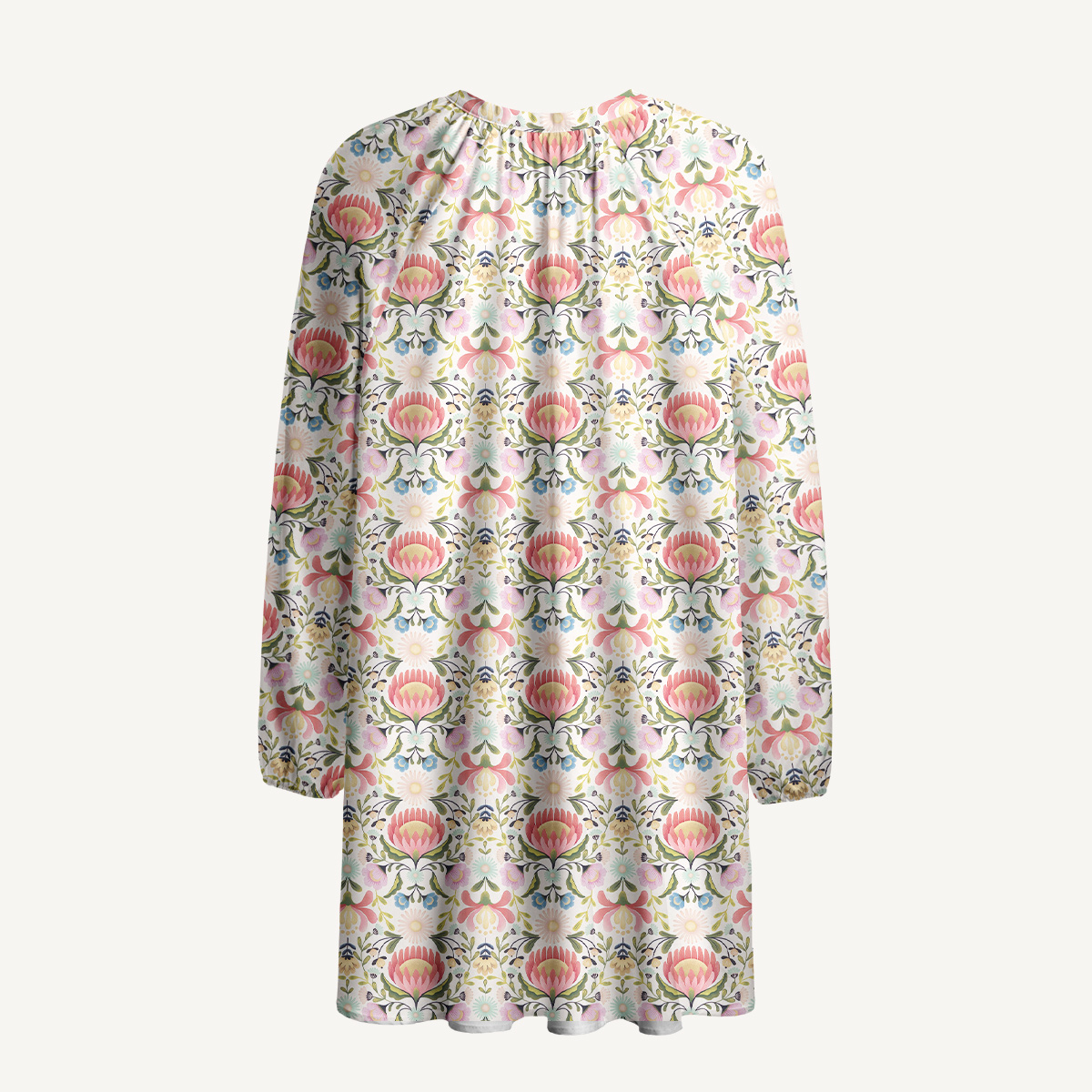 Pink Floral Lantern Motif Tie‑Neck Long Sleeve Mini Dress