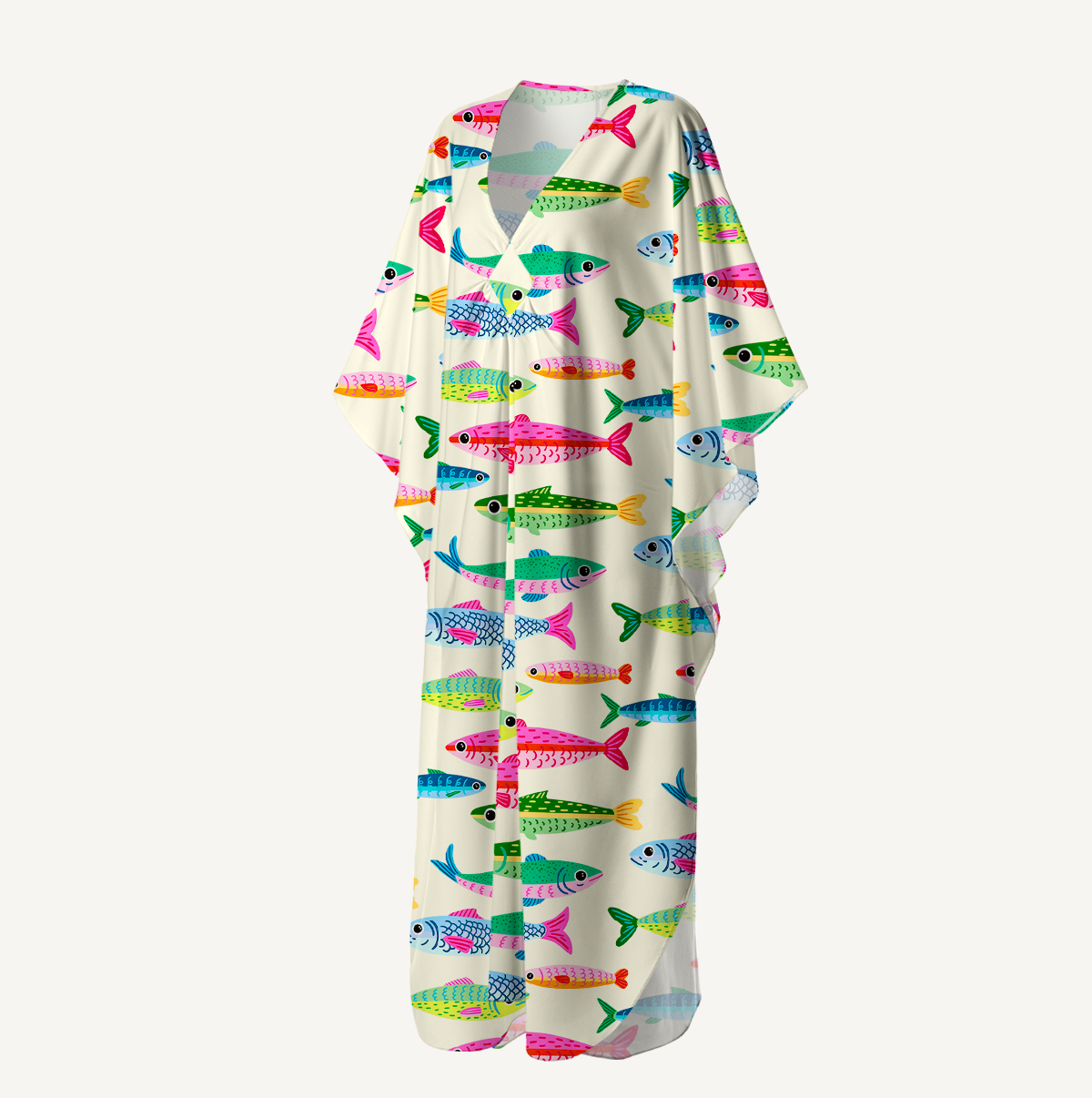 Bright Sardine Print Kimono Sleeve Kaftan Dress