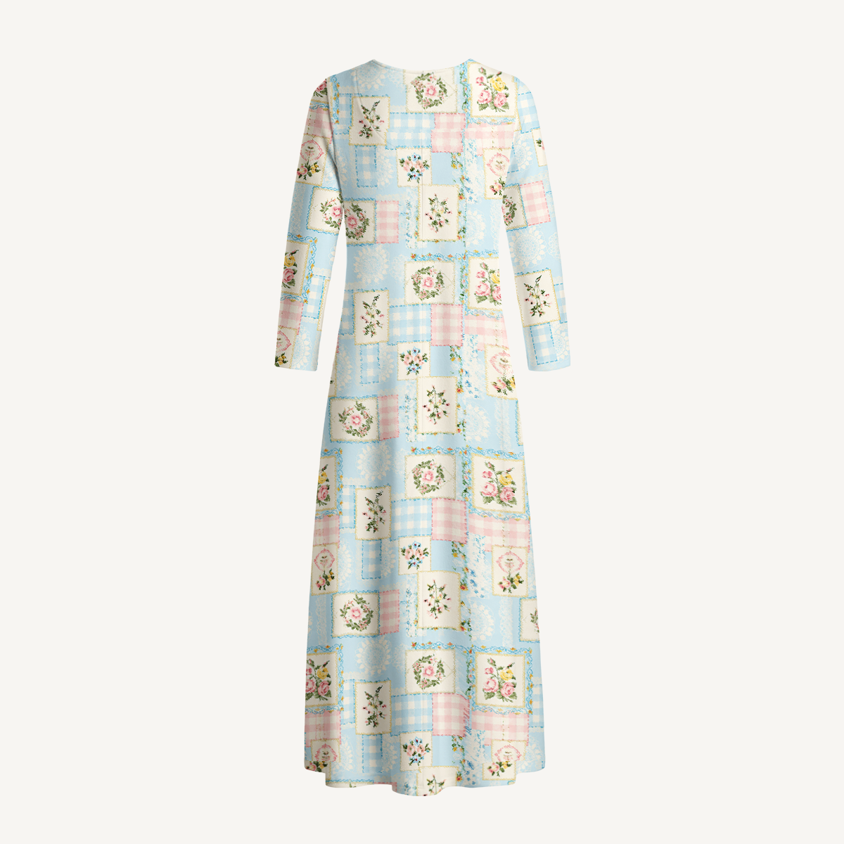 Blue Cottage Patchwork Floral Print Soft-Touch Stretch Knit Long Sleeve Maxi Dress with Pockets