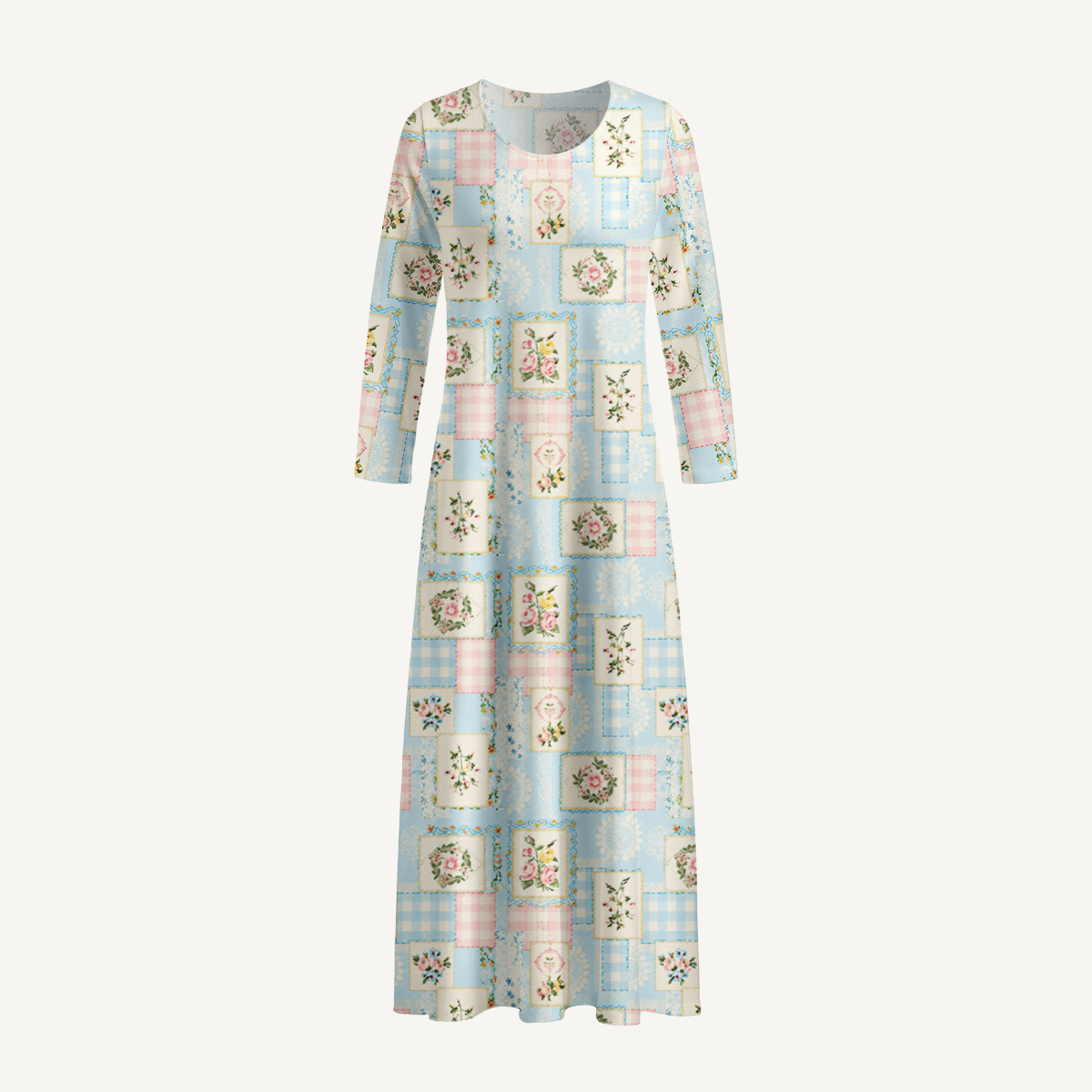 Blue Cottage Patchwork Floral Print Soft-Touch Stretch Knit Long Sleeve Maxi Dress with Pockets