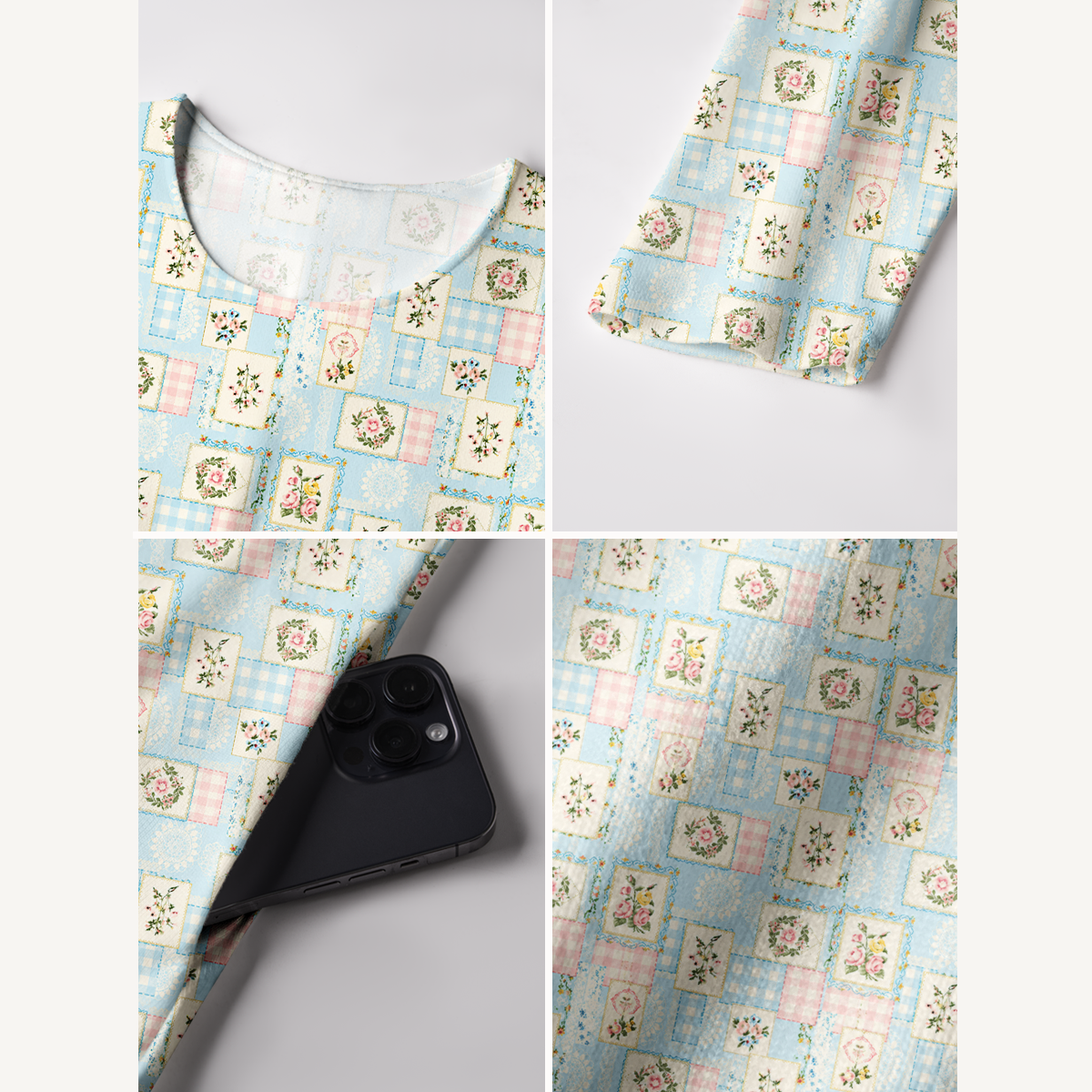 Blue Cottage Patchwork Floral Print Soft-Touch Stretch Knit Long Sleeve Maxi Dress with Pockets