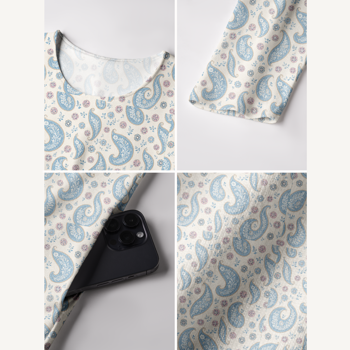 Sky Blue Paisley Bloom Print Soft-Touch Stretch Knit Long Sleeve Maxi Dress with Pockets