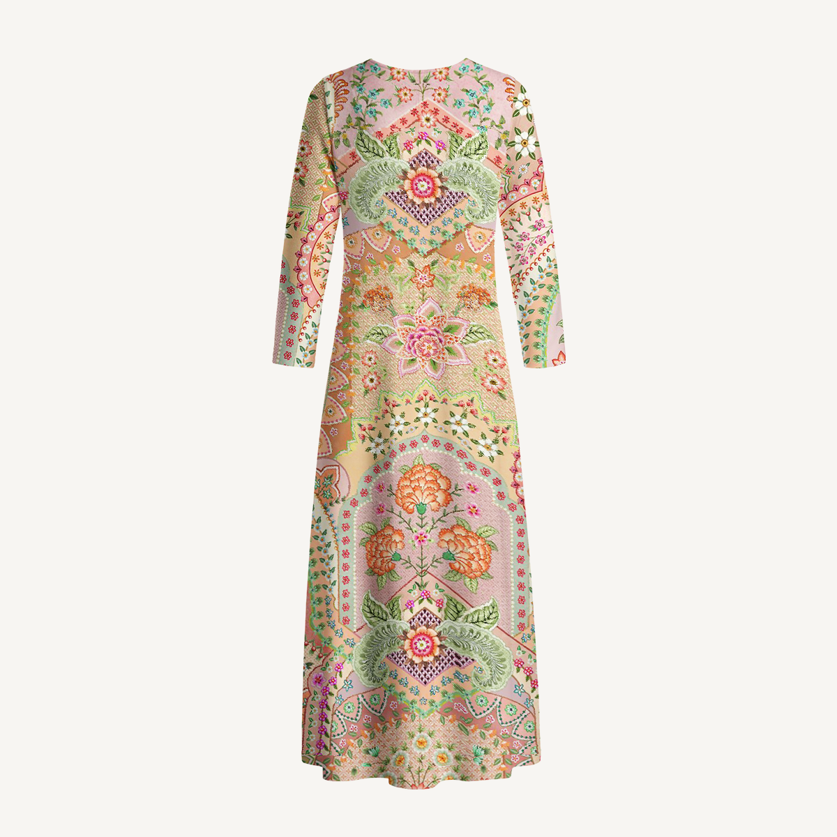 Patchwork Mandala Floral Print Soft-Touch Stretch Knit Long Sleeve Maxi Dress with Pockets