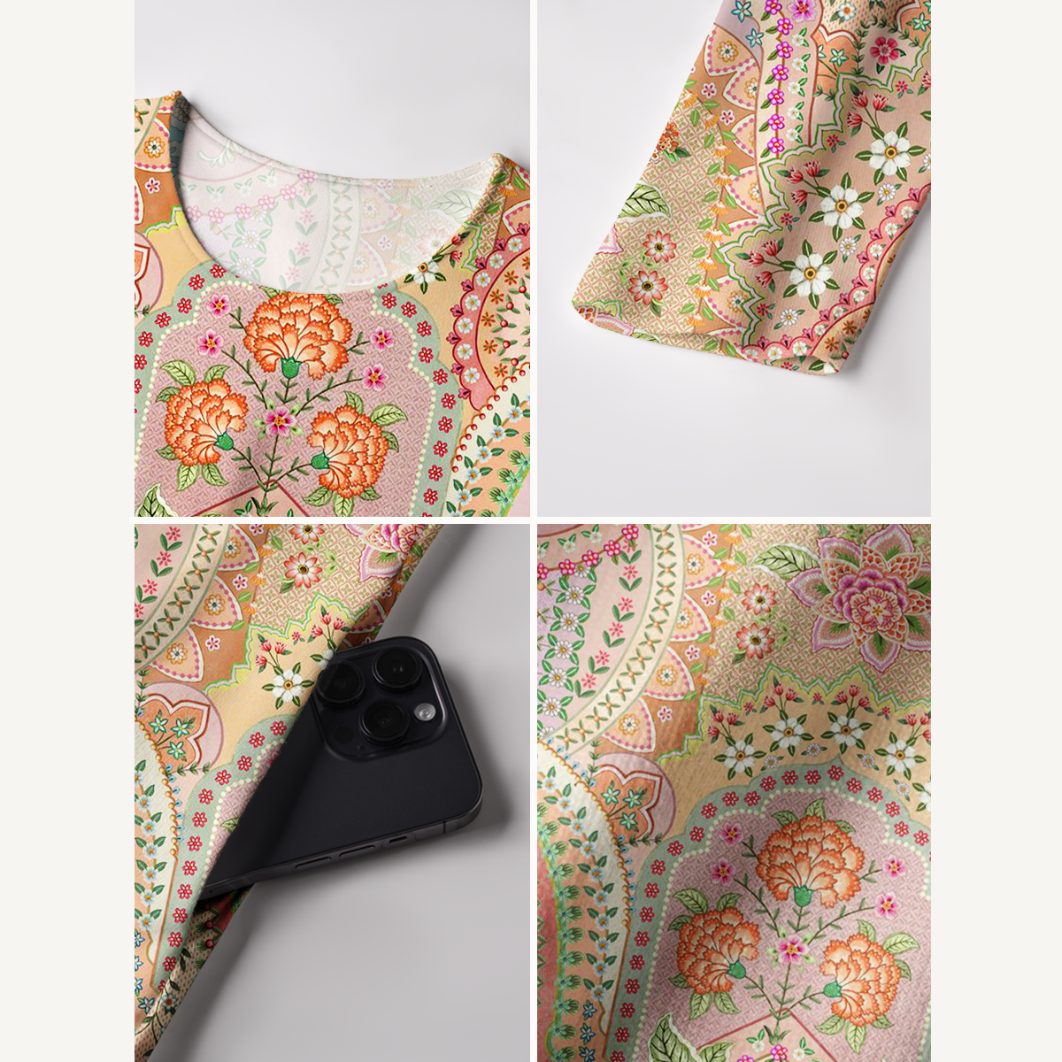 Patchwork Mandala Floral Print Soft-Touch Stretch Knit Long Sleeve Maxi Dress with Pockets