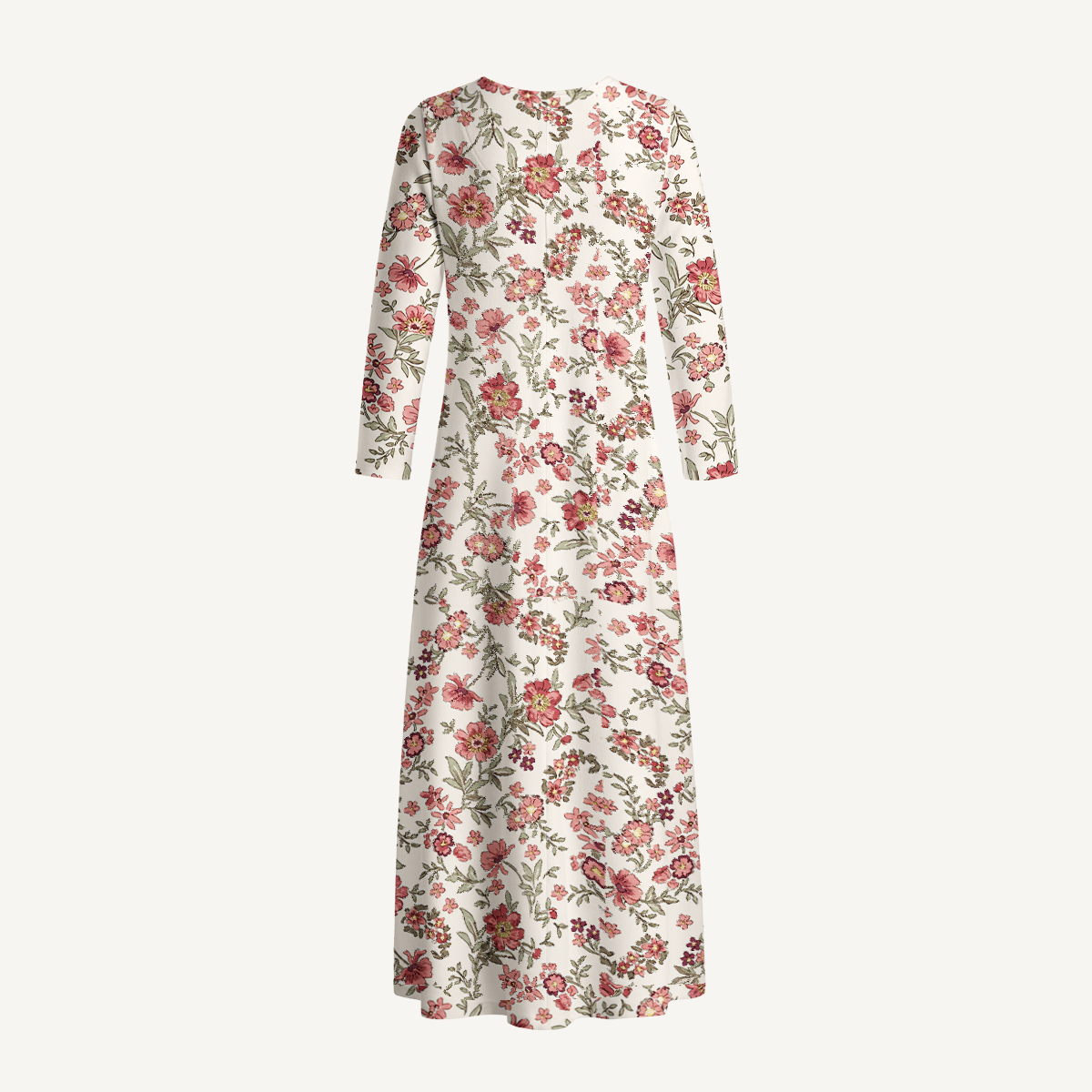 Pink Wildflower Meadow Print Soft-Touch Stretch Knit Long Sleeve Maxi Dress with Pockets