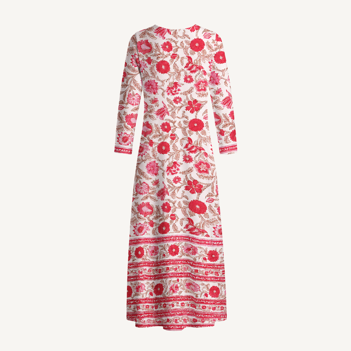 Vintage Crimson Garden Floral Print Soft-Touch Stretch Knit Long Sleeve Maxi Dress with Pockets