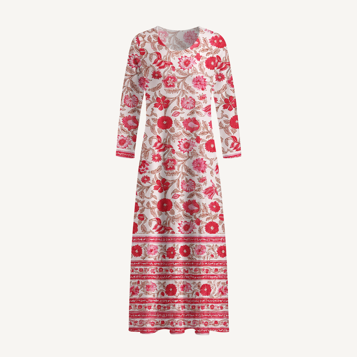 Vintage Crimson Garden Floral Print Soft-Touch Stretch Knit Long Sleeve Maxi Dress with Pockets