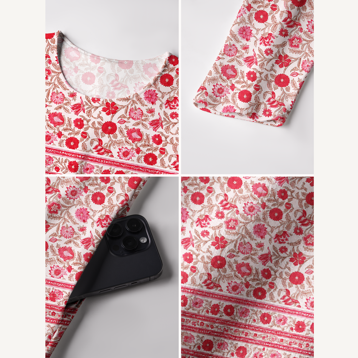Vintage Crimson Garden Floral Print Soft-Touch Stretch Knit Long Sleeve Maxi Dress with Pockets