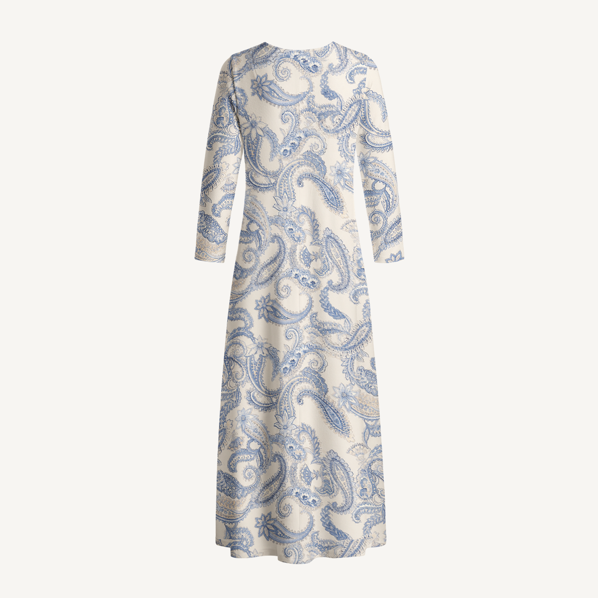 Blue Vintage Paisley Print Soft-Touch Stretch Knit Long Sleeve Maxi Dress with Pockets