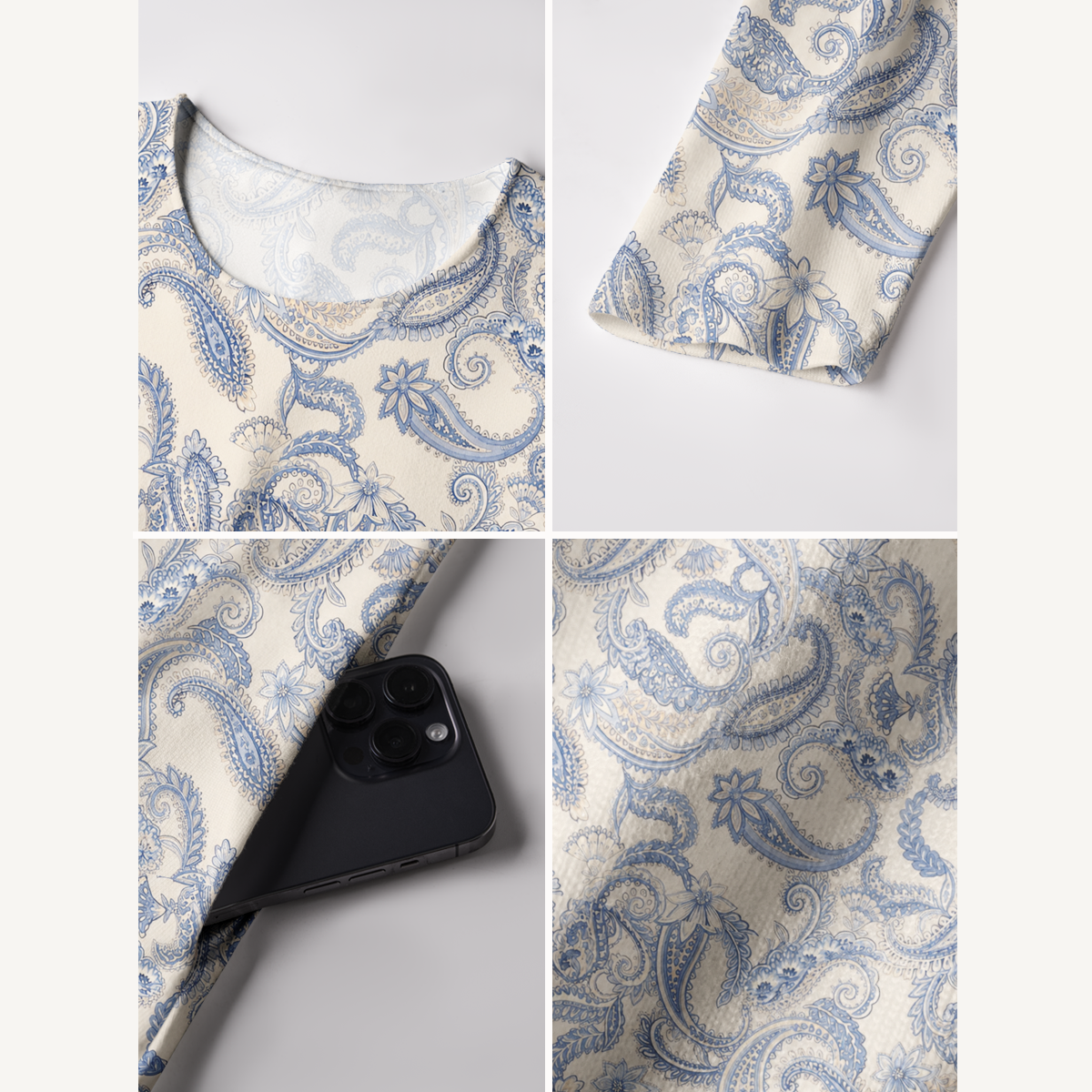 Blue Vintage Paisley Print Soft-Touch Stretch Knit Long Sleeve Maxi Dress with Pockets