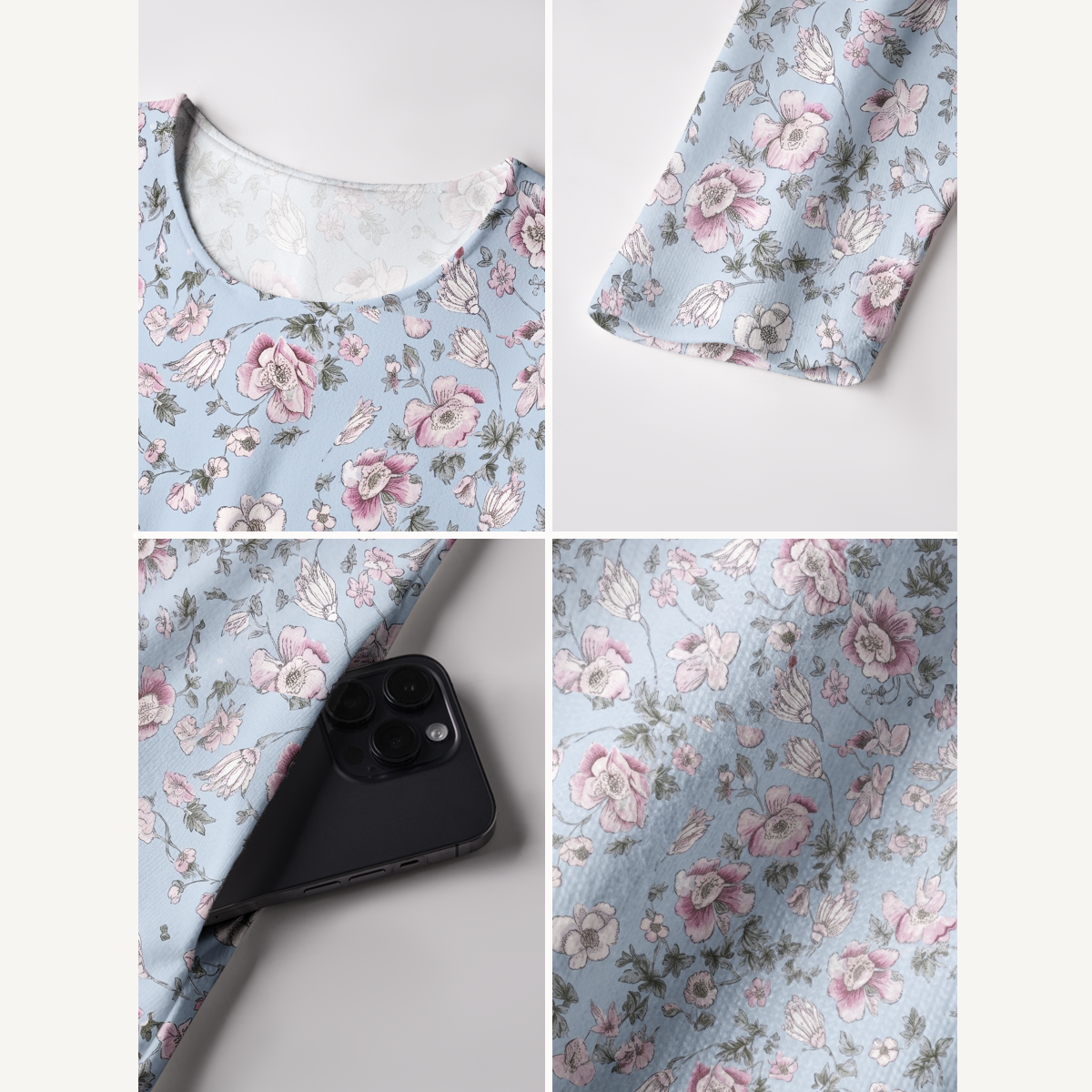 Blue Cherry Blossom Floral Print Soft-Touch Stretch Knit Long Sleeve Maxi Dress with Pockets