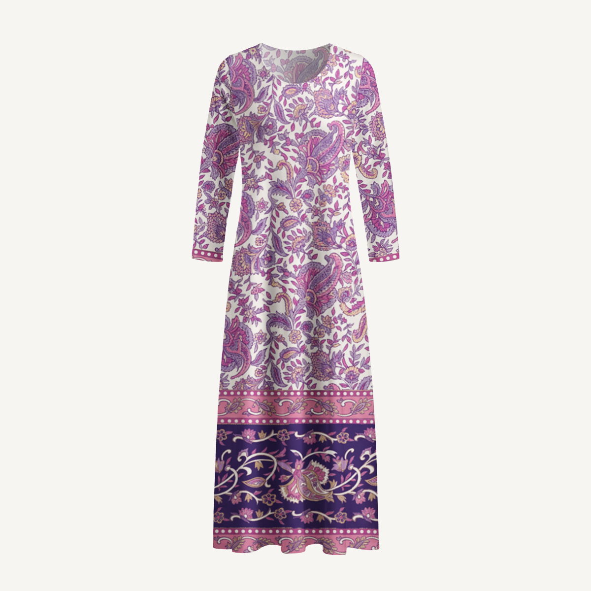 Violet Paisley Garden Print Soft-Touch Stretch Knit Long Sleeve Maxi Dress with Pockets