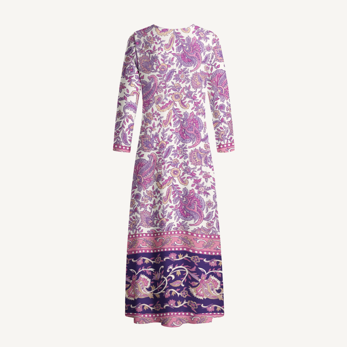 Violet Paisley Garden Print Soft-Touch Stretch Knit Long Sleeve Maxi Dress with Pockets