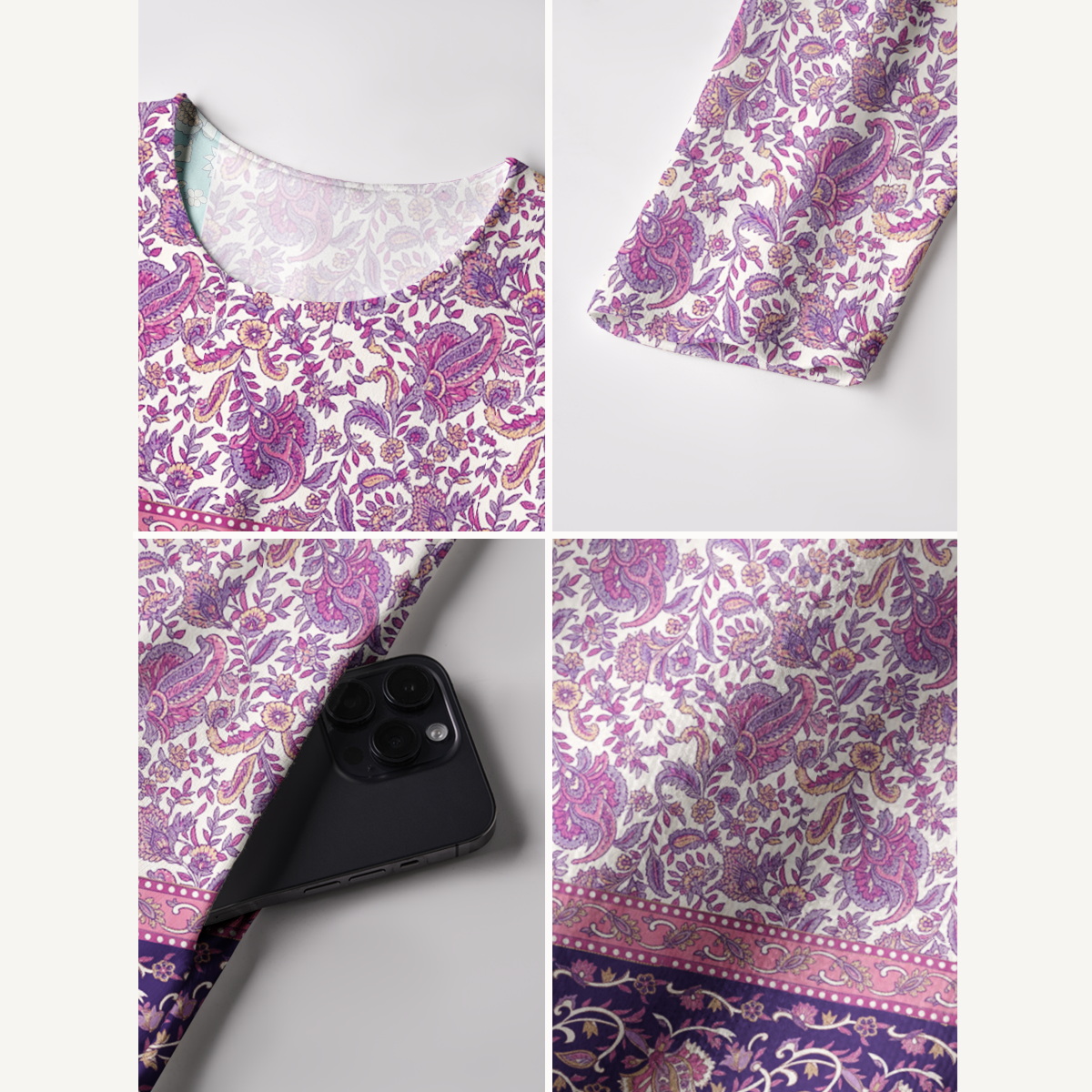 Violet Paisley Garden Print Soft-Touch Stretch Knit Long Sleeve Maxi Dress with Pockets