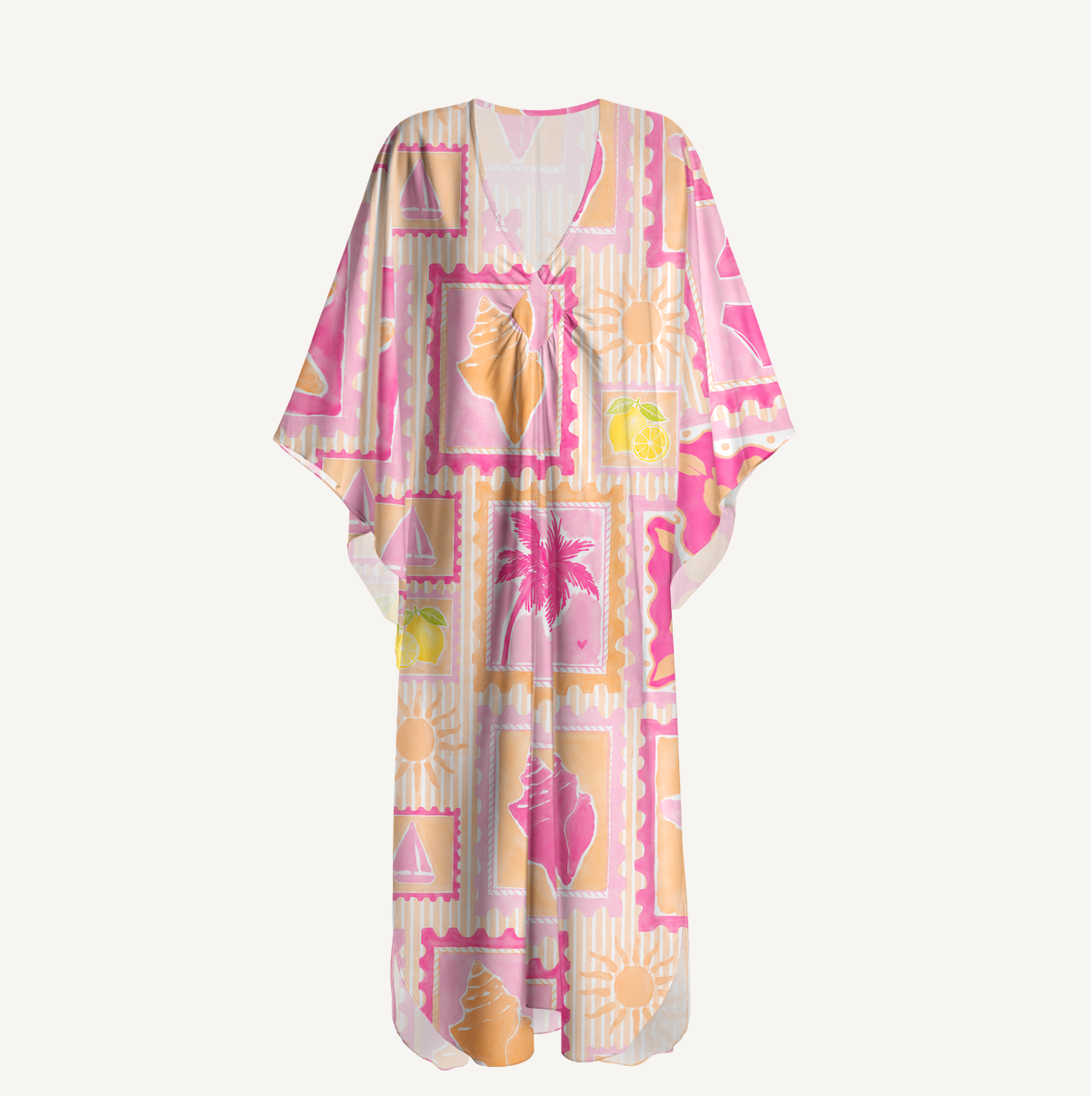 Coral Beach Postcard Print Kimono Sleeve Kaftan Dress