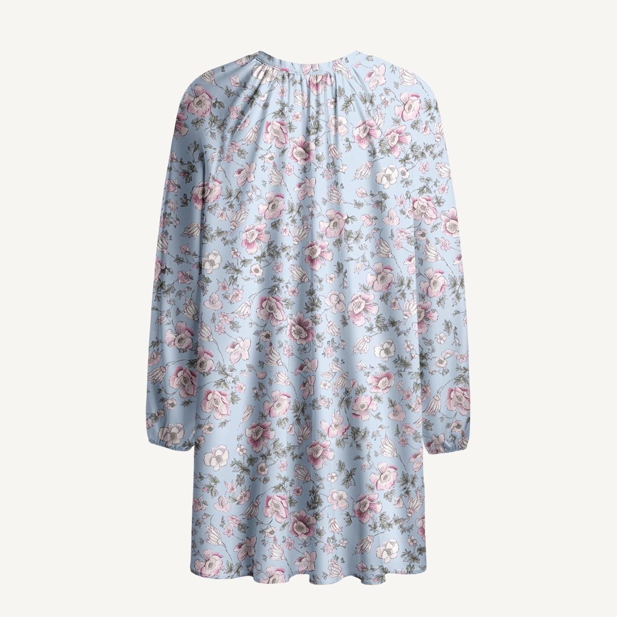 Blue Cherry Blossom Floral Tie‑Neck Long Sleeve Mini Dress