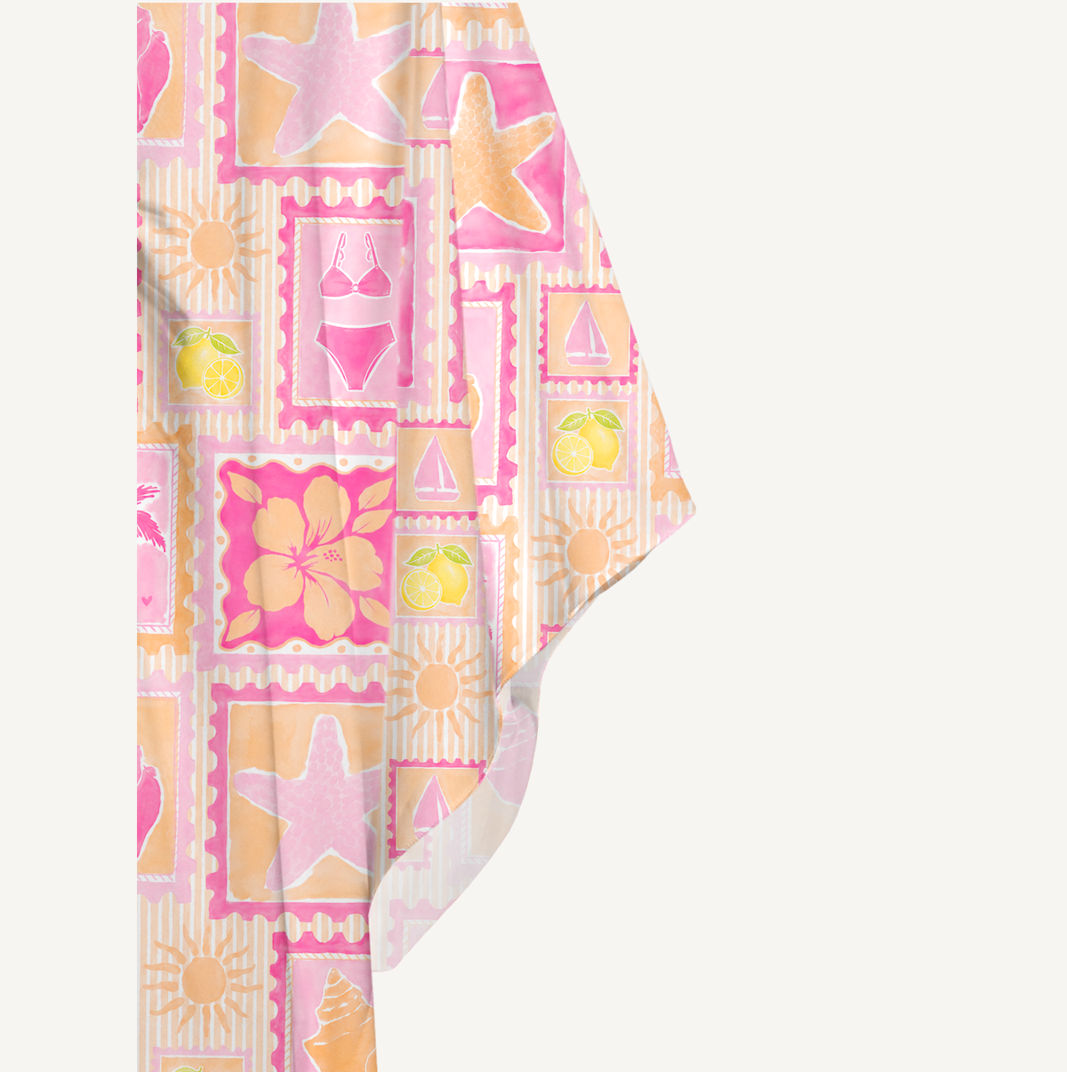 Coral Beach Postcard Print Kimono Sleeve Kaftan Dress