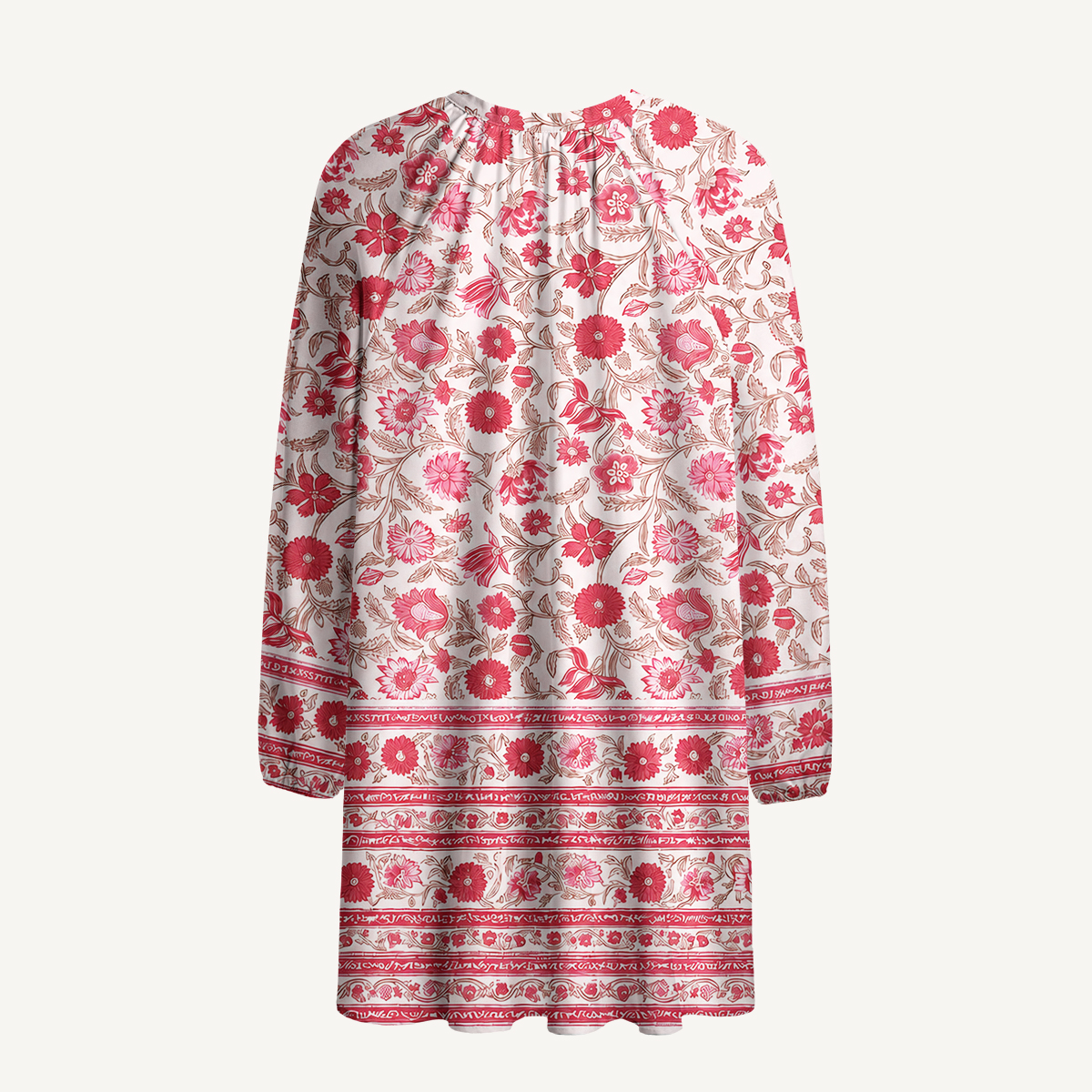 Vintage Crimson Garden Floral Tie‑Neck Long Sleeve Mini Dress