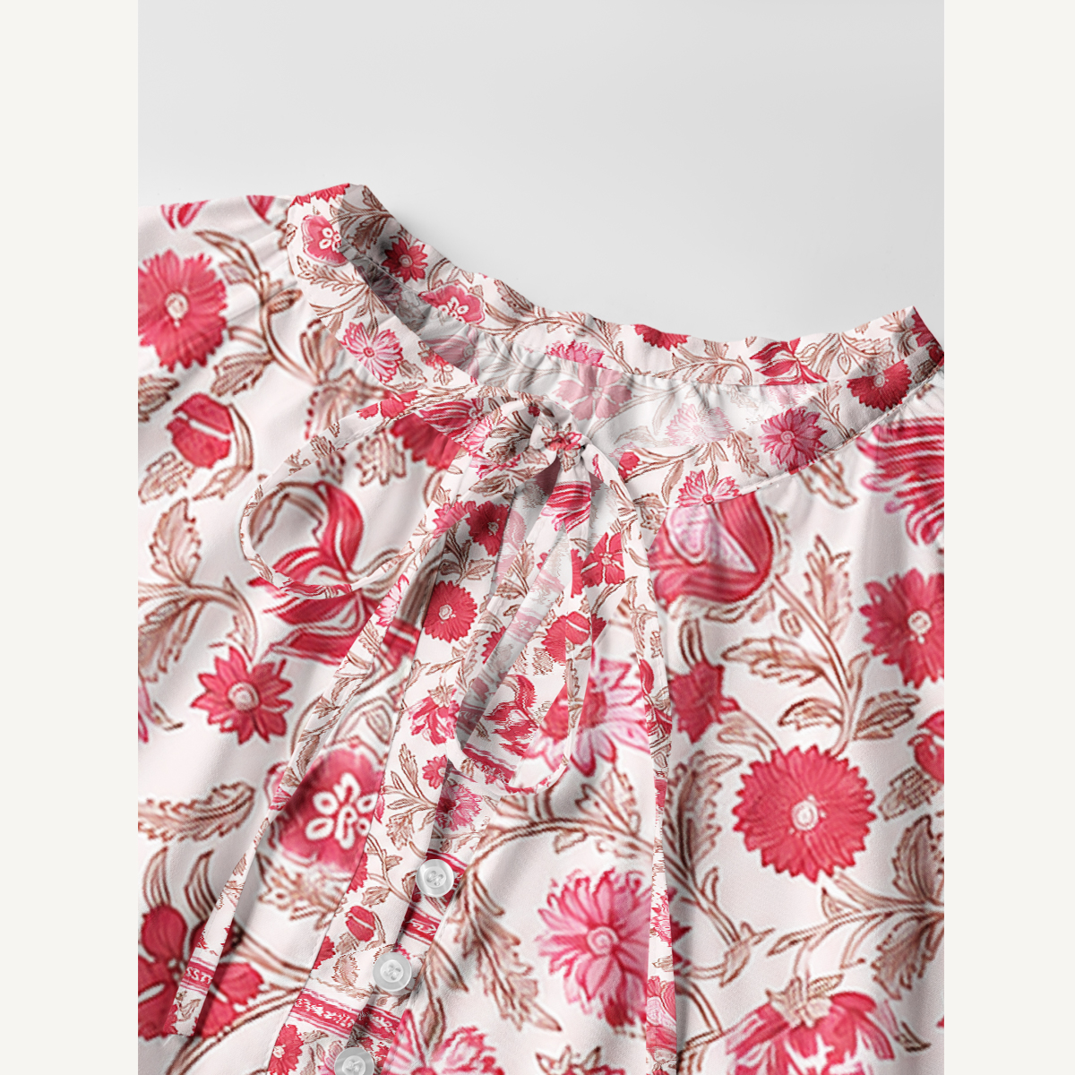 Vintage Crimson Garden Floral Tie‑Neck Long Sleeve Mini Dress