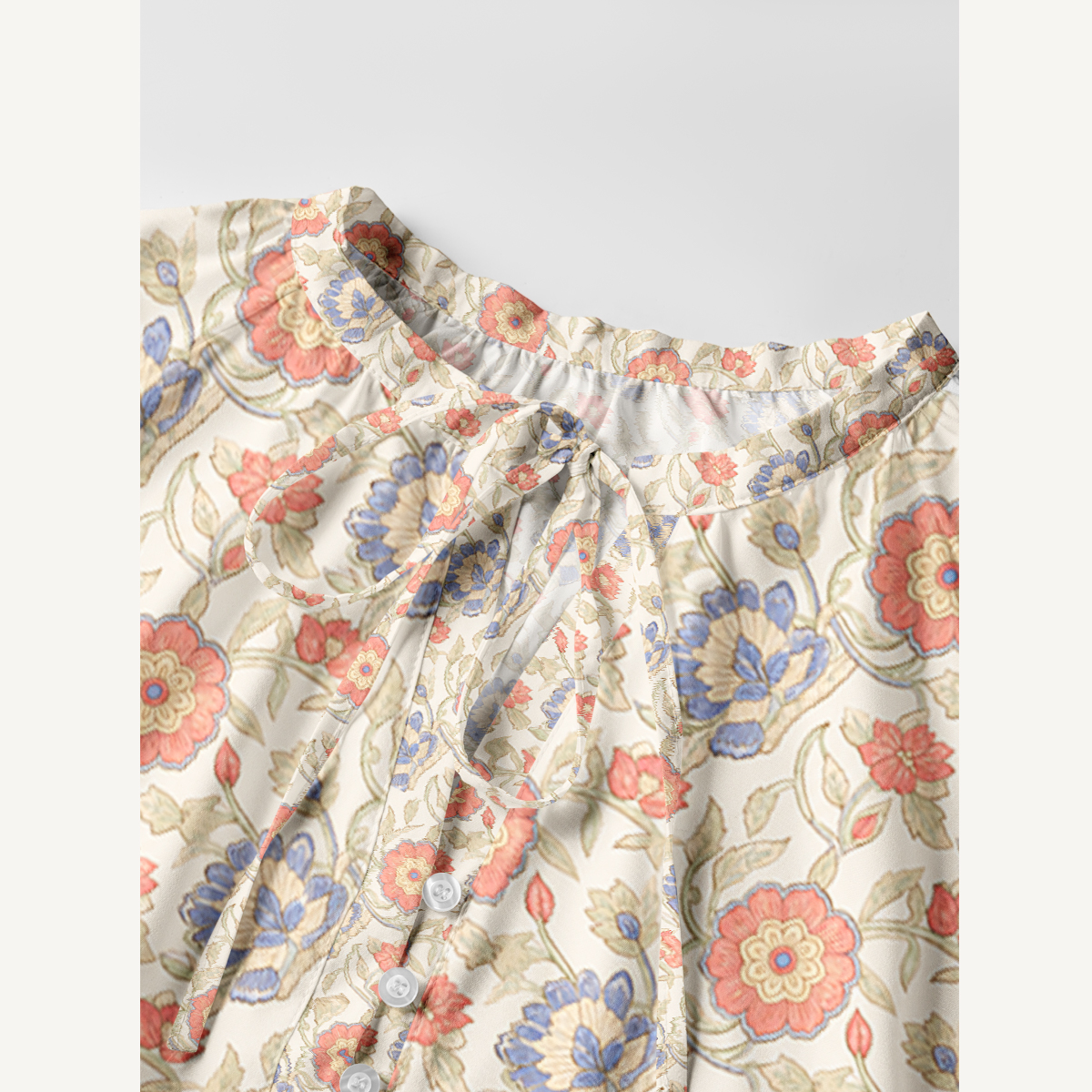 Coral Garden Floral Tie‑Neck Long Sleeve Mini Dress