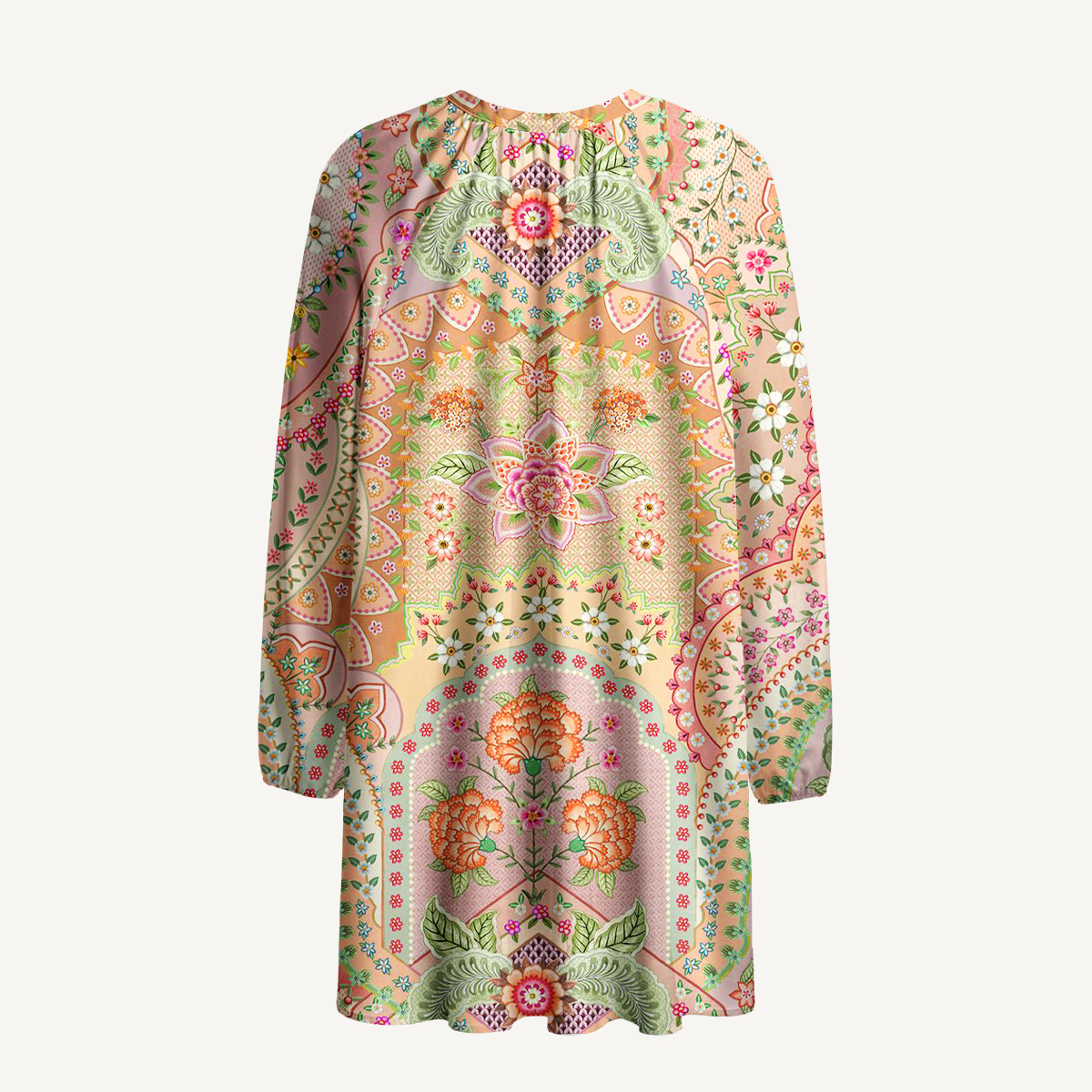 Patchwork Mandala Floral Tie‑Neck Mini Dress For Women