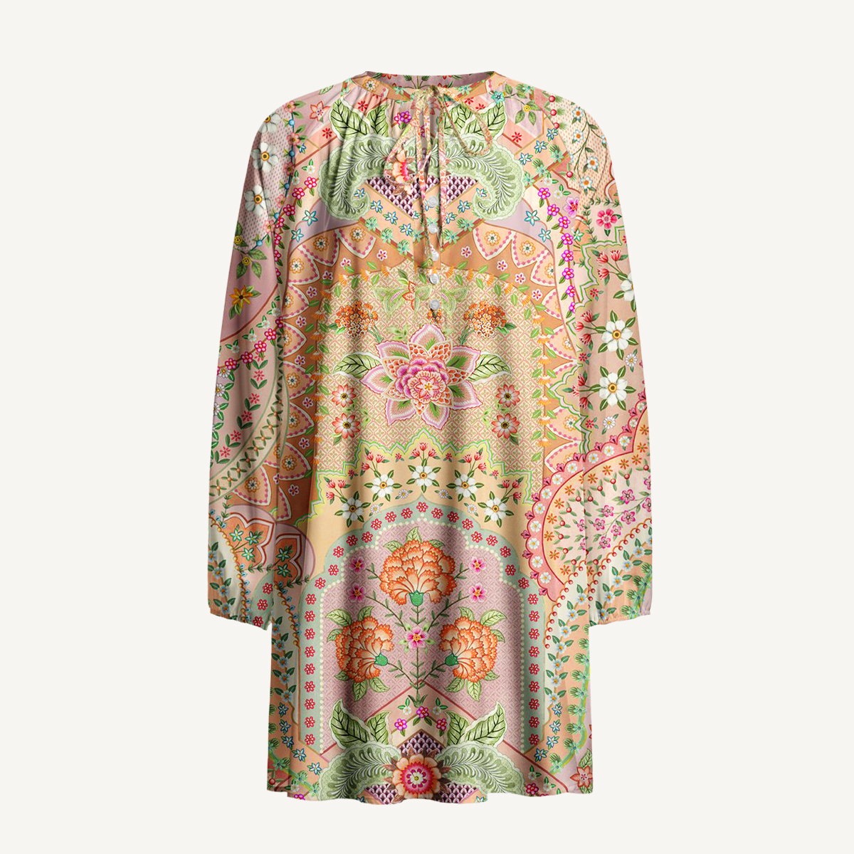 Patchwork Mandala Floral Tie‑Neck Mini Dress For Women