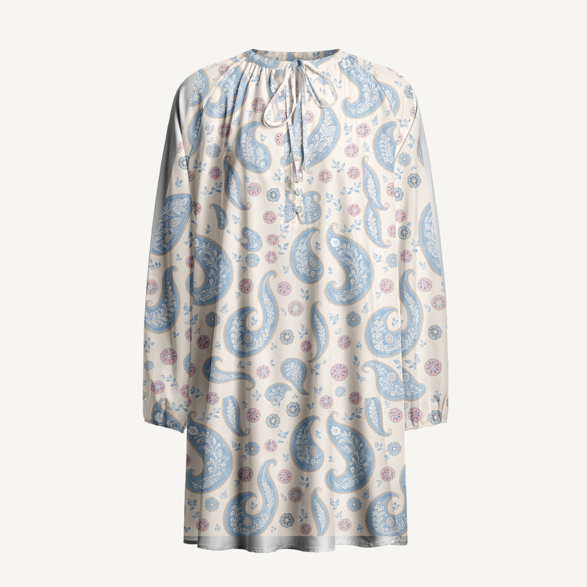 Sky Blue Paisley Bloom Long Sleeve Mini Dress For Women