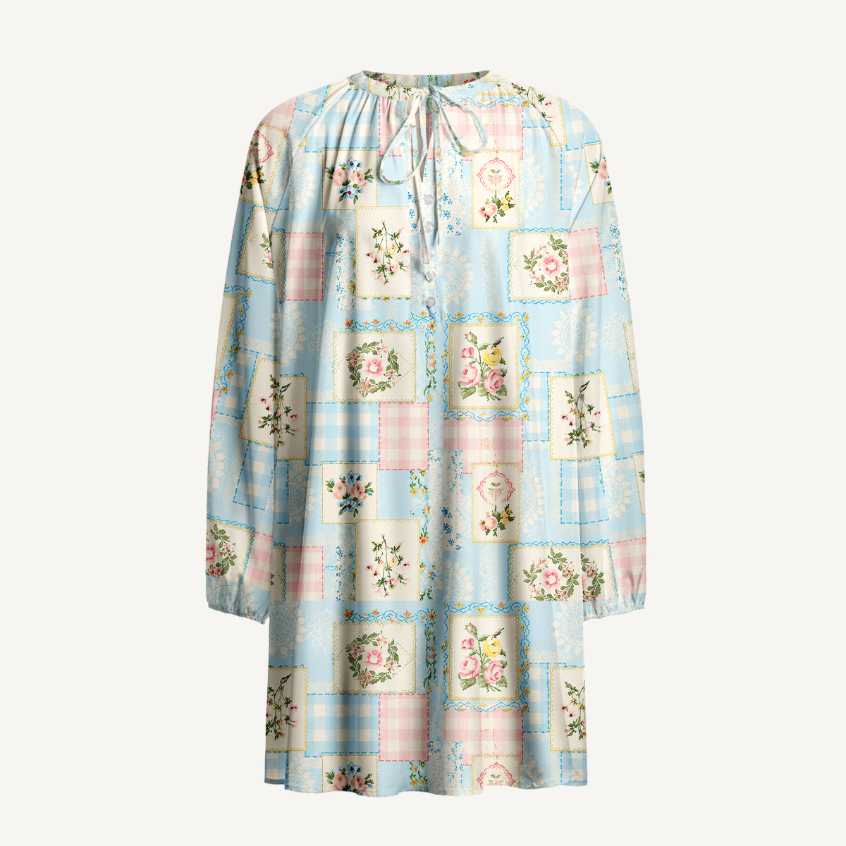 Blue Cottage Patchwork Floral Long Sleeve Mini Dress