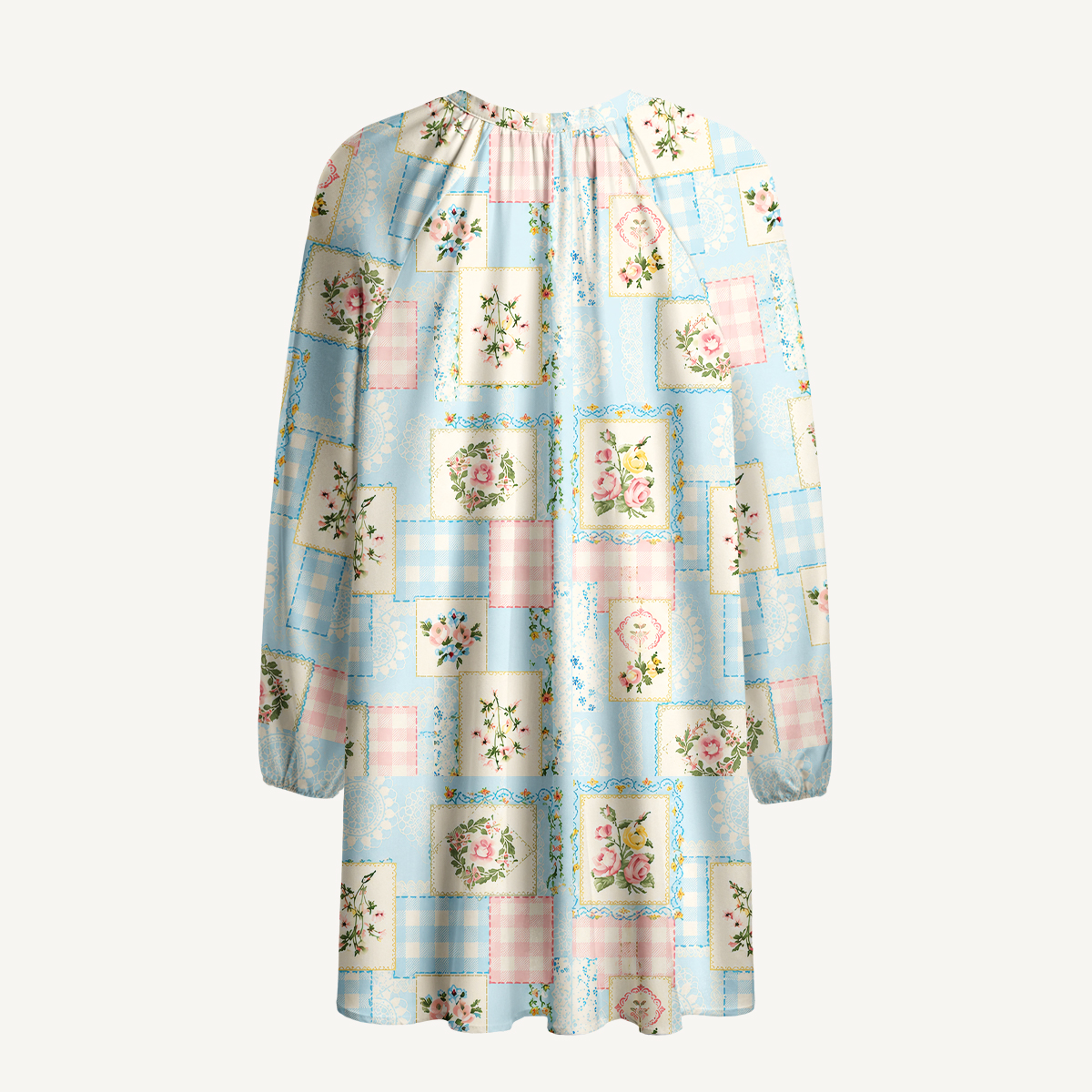 Blue Cottage Patchwork Floral Long Sleeve Mini Dress
