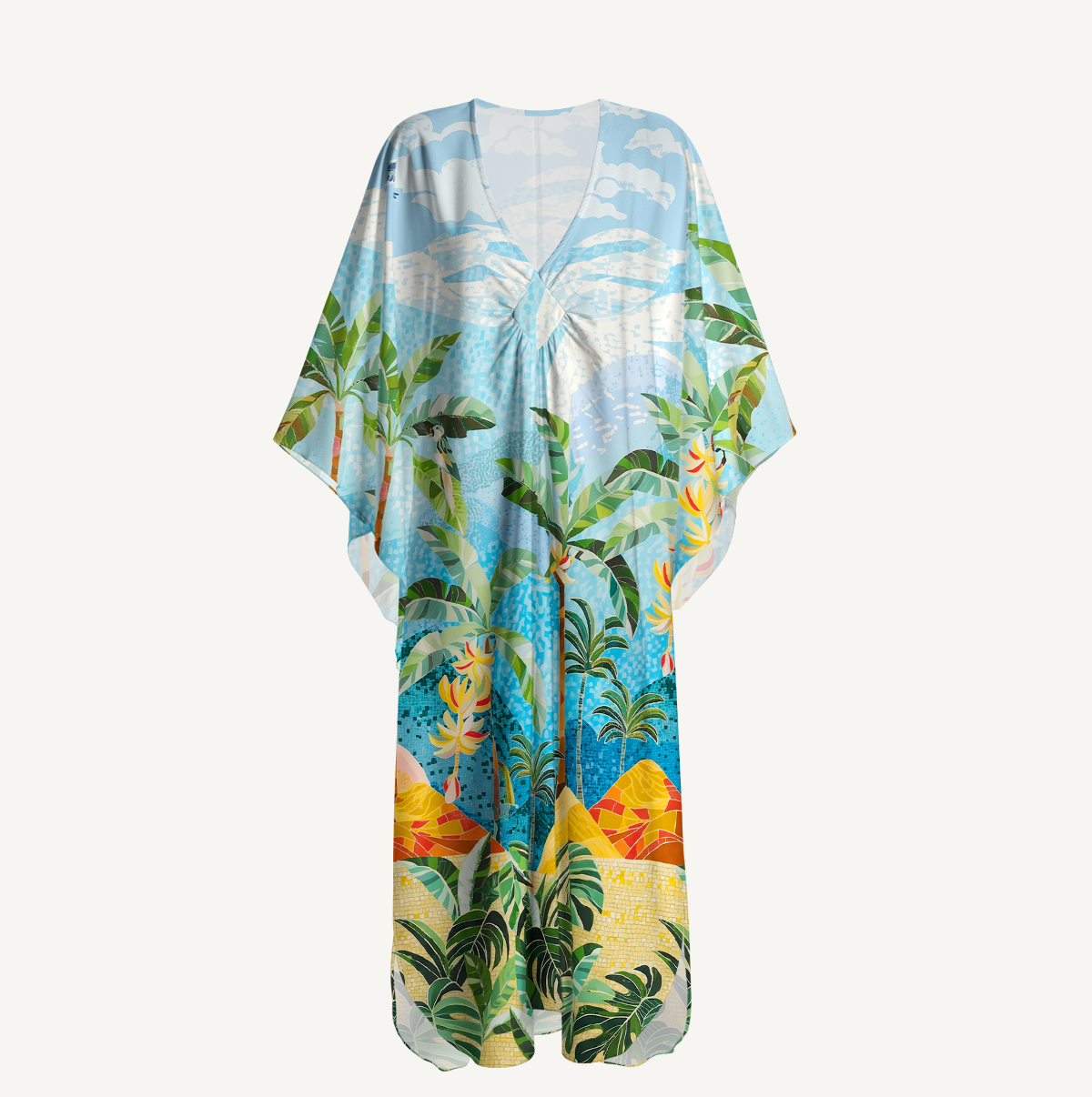 Rainforest Palm Tree Print Kimono Sleeve Kaftan Dress