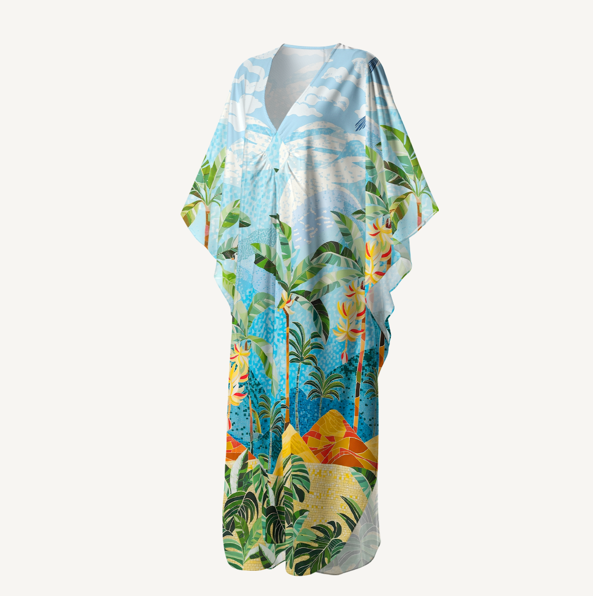 Rainforest Palm Tree Print Kimono Sleeve Kaftan Dress