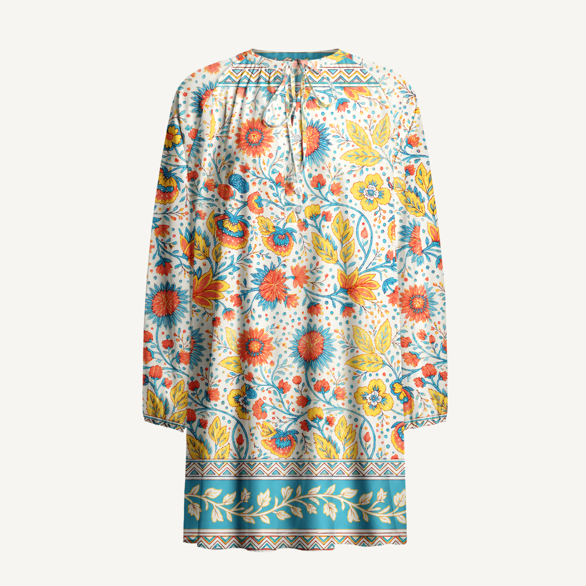 Moroccan Garden Pattern Tie‑Neck Long Sleeve Mini Dress