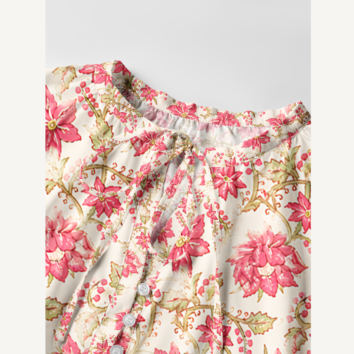 Blush Garden Bloom Tie‑Neck Long Sleeve Mini Dress