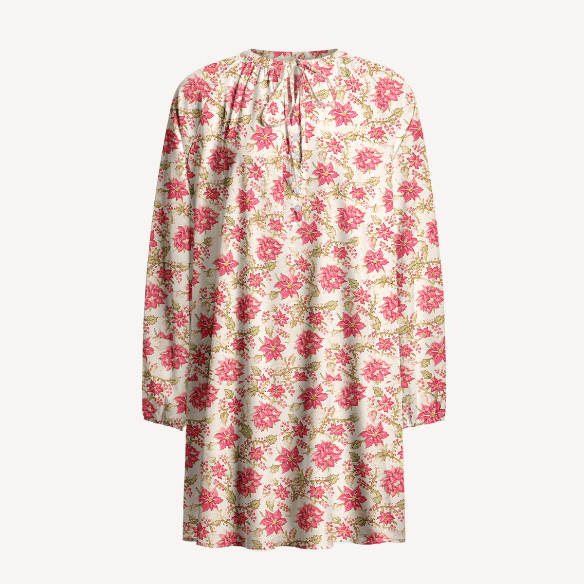 Blush Garden Bloom Tie‑Neck Long Sleeve Mini Dress