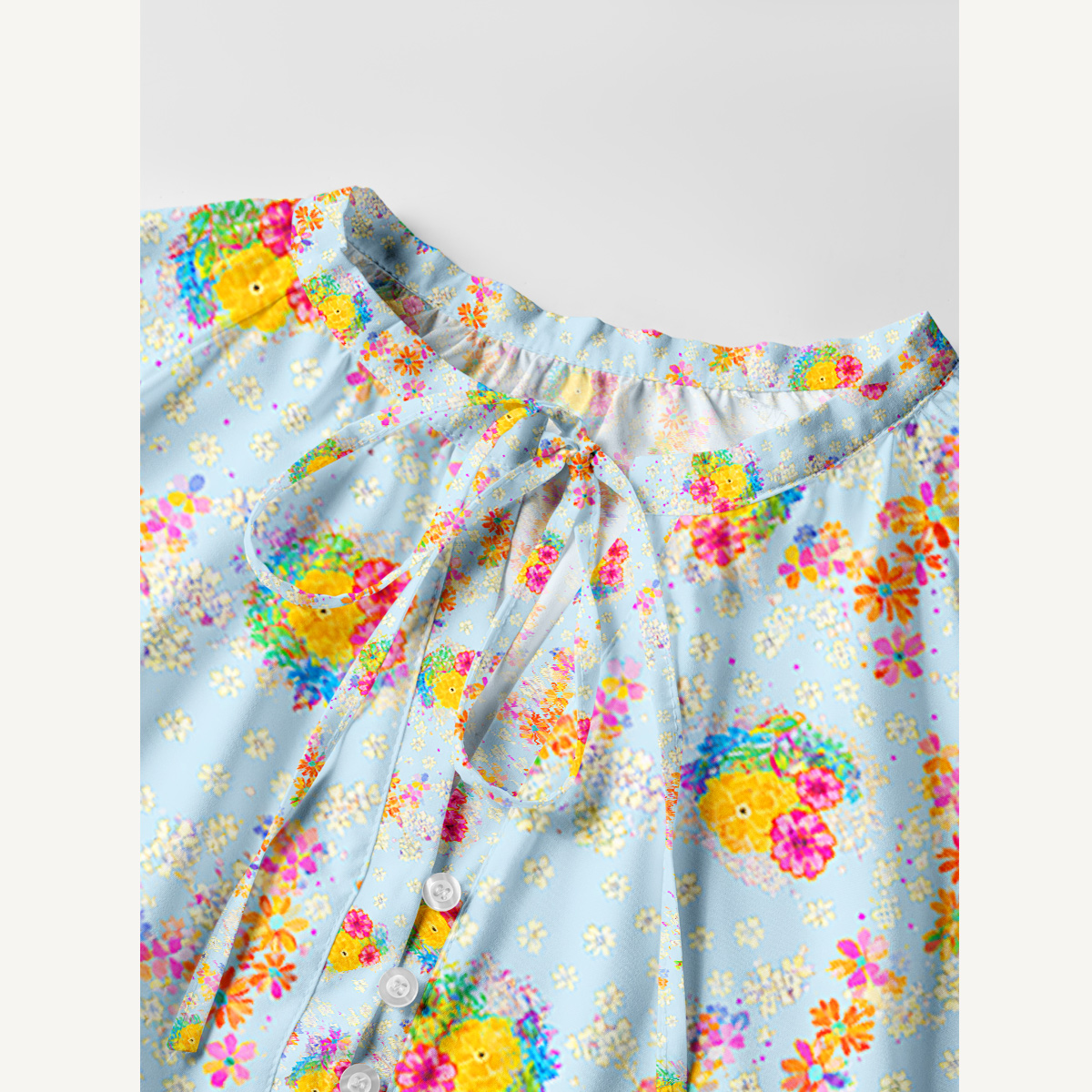 Sky Garden Blossoms Tie‑Neck Long Sleeve Mini Dress