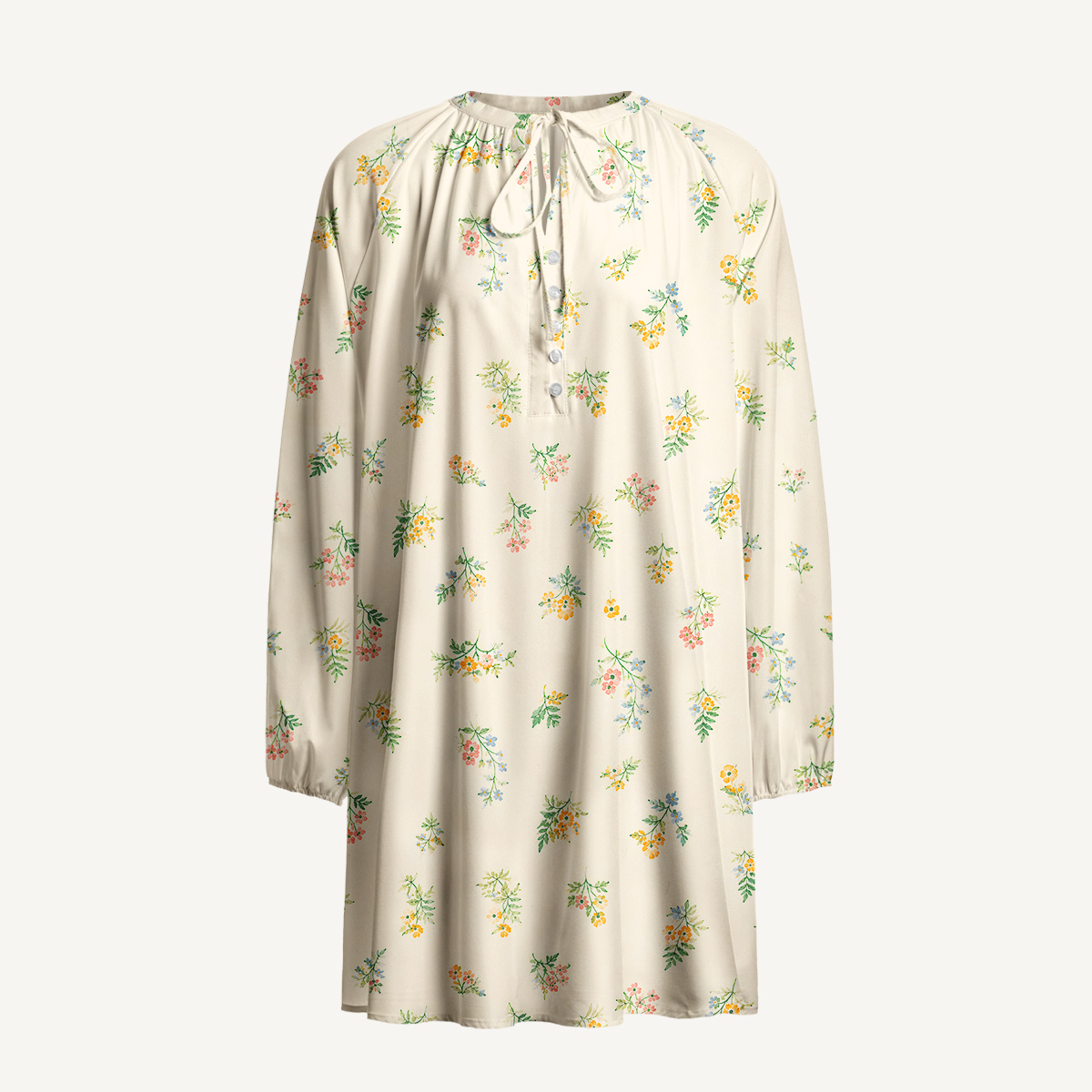 Whispering Wildflower Field Tie‑Neck Long Sleeve Mini Dress