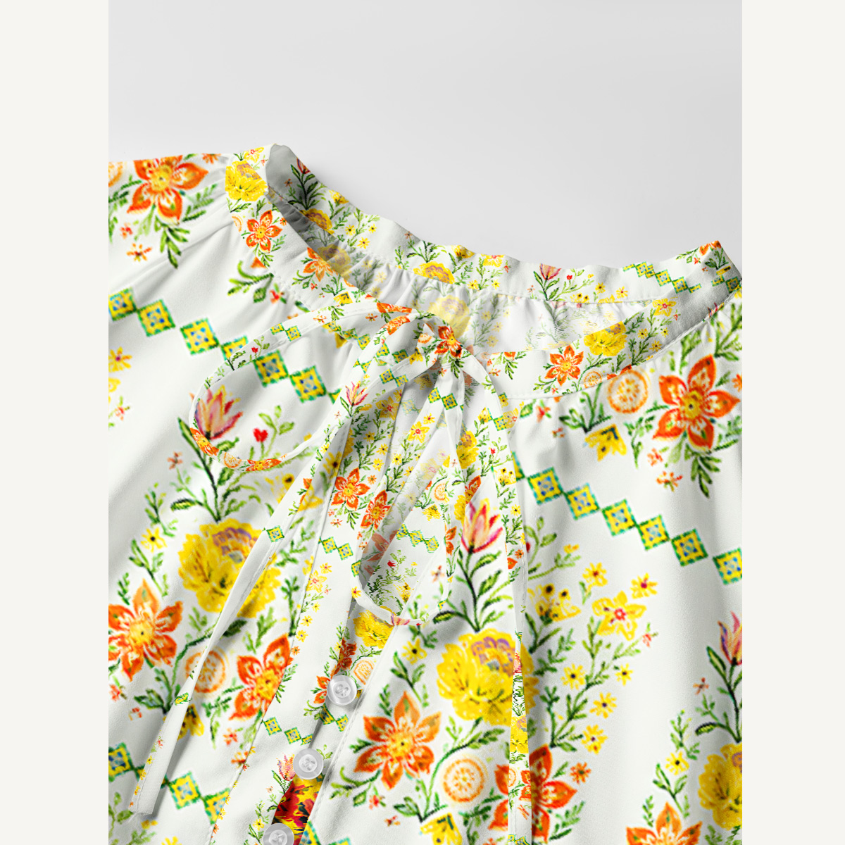 Sunny Floral Pattern Tie‑Neck Long Sleeve Mini Dress