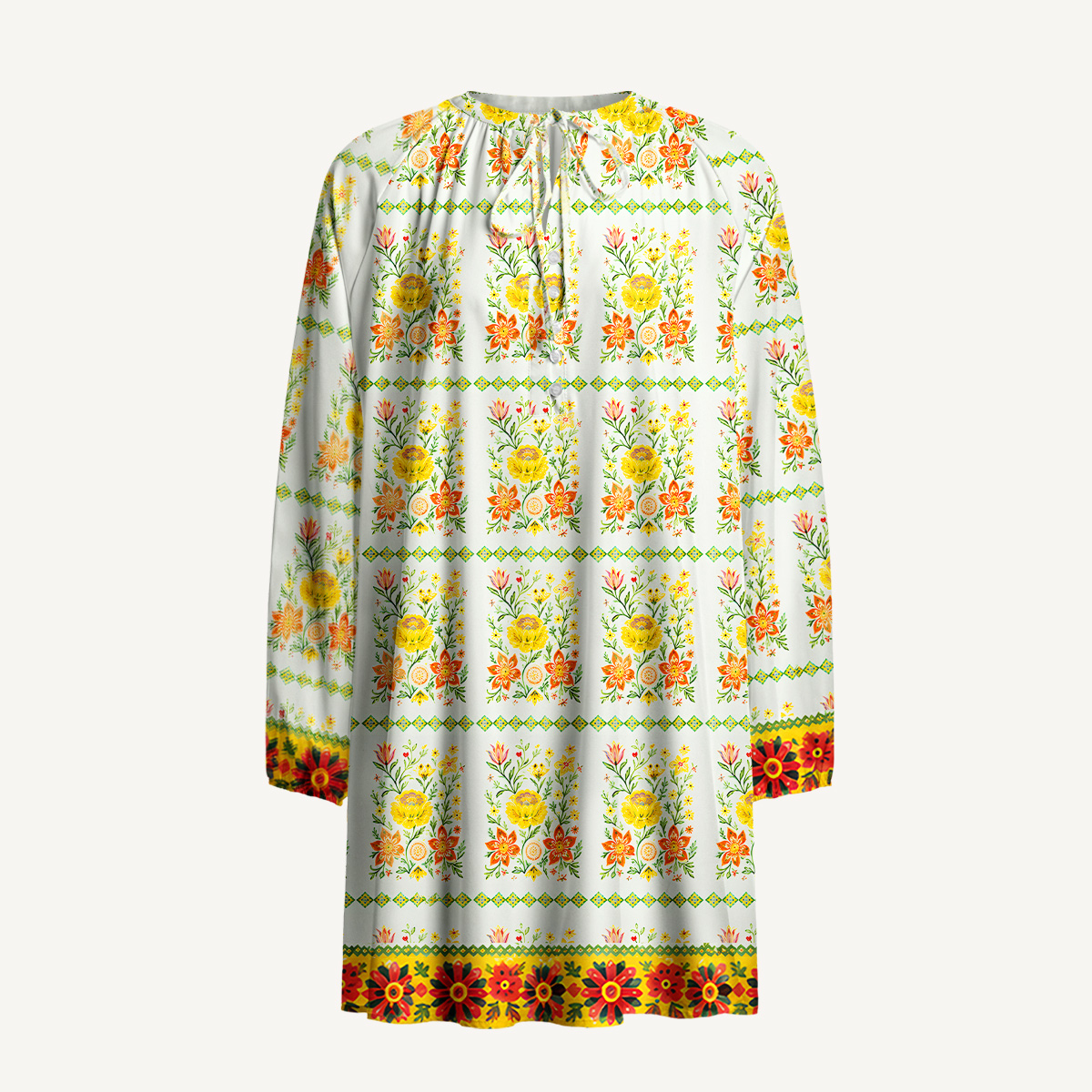 Sunny Floral Pattern Tie‑Neck Long Sleeve Mini Dress