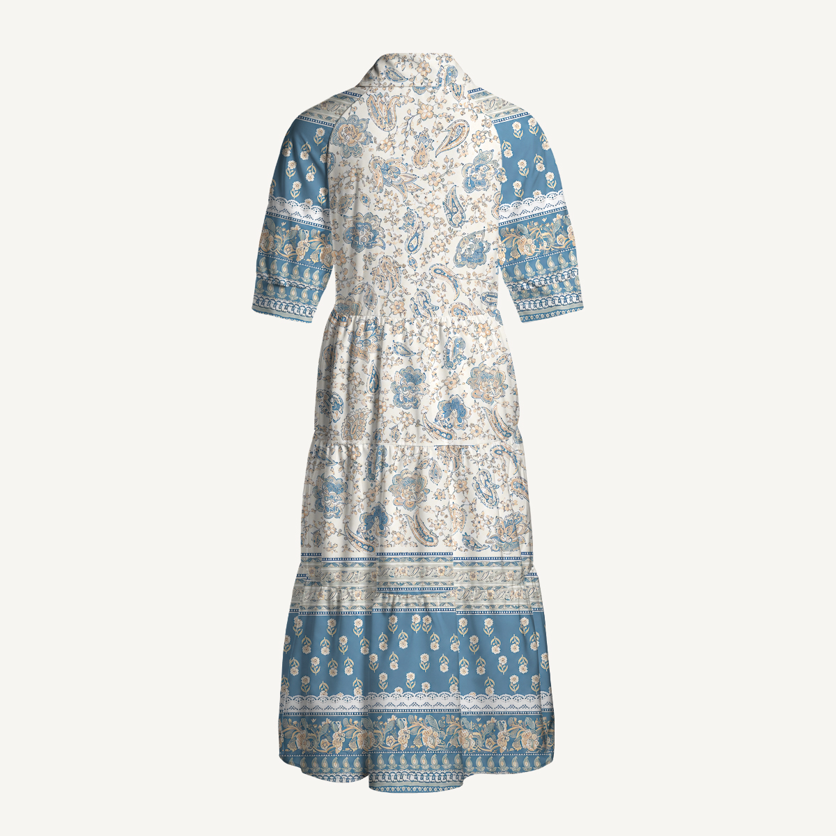Blue Vintage Floral Border Elbow-Length Sleeve Maxi Dress