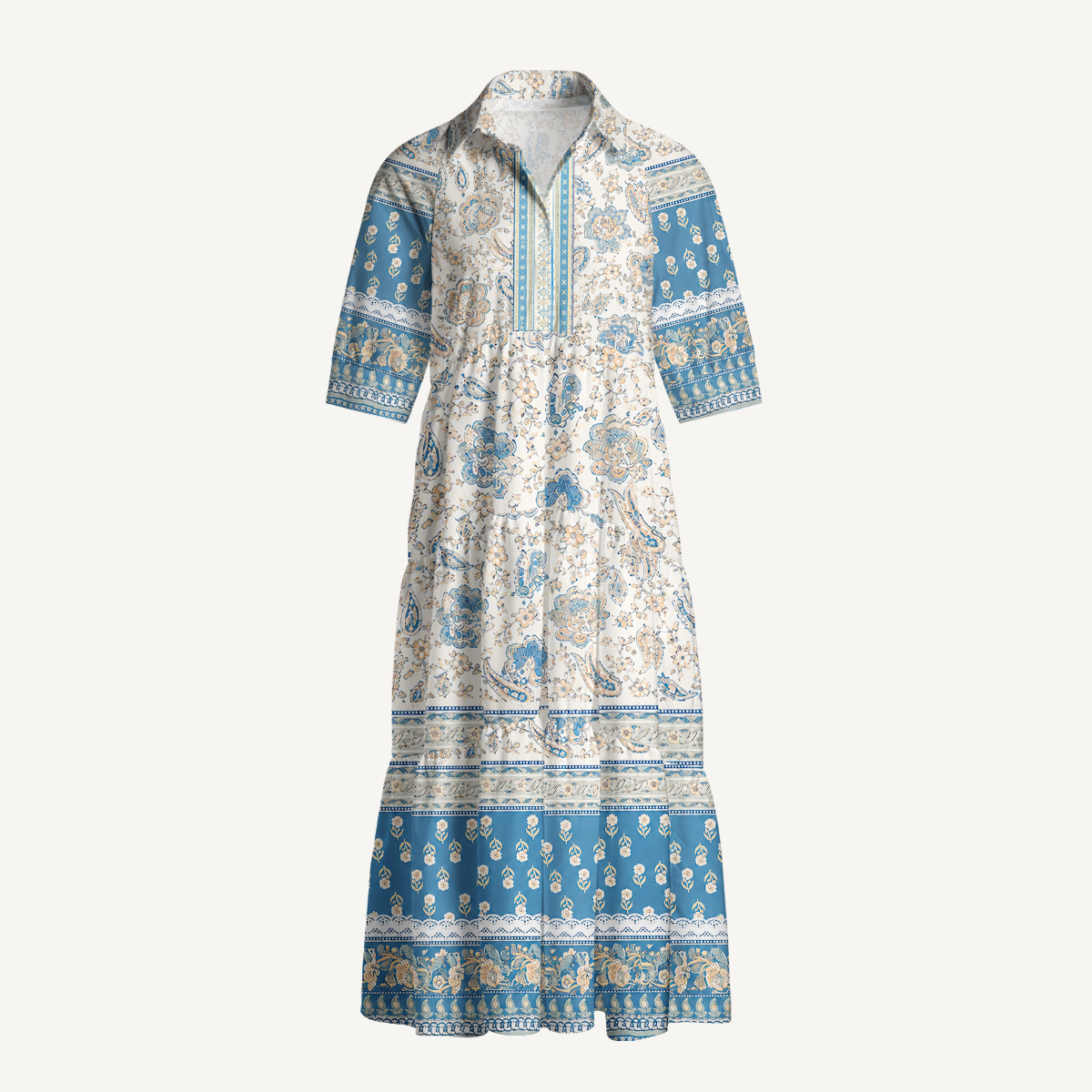 Blue Vintage Floral Border Elbow-Length Sleeve Maxi Dress