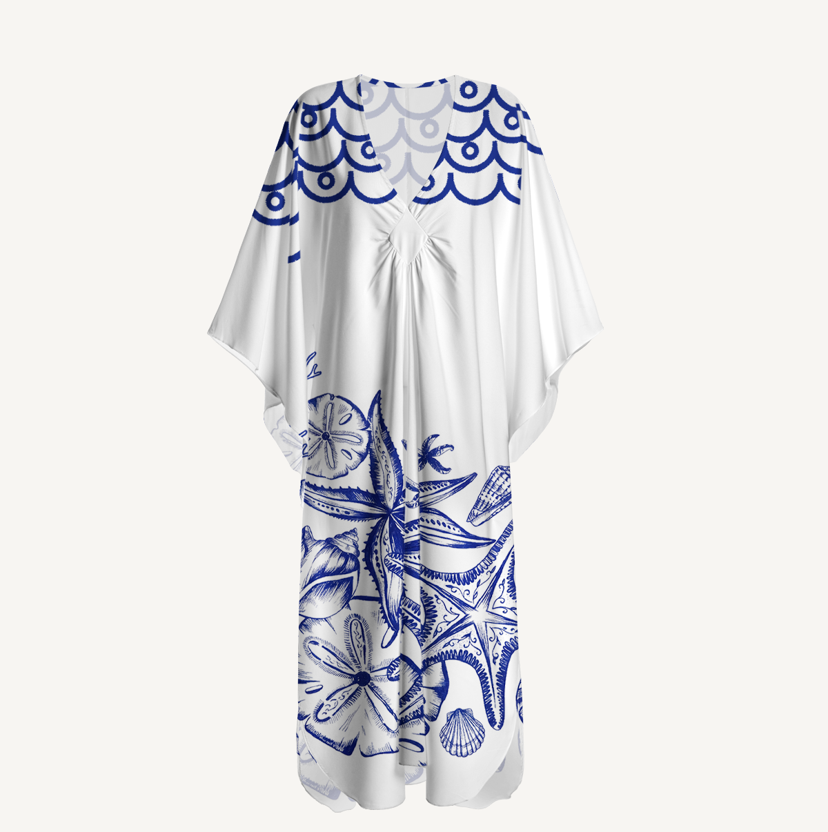 Coastal Nautical Starfish Print Kimono Sleeve Kaftan Dress