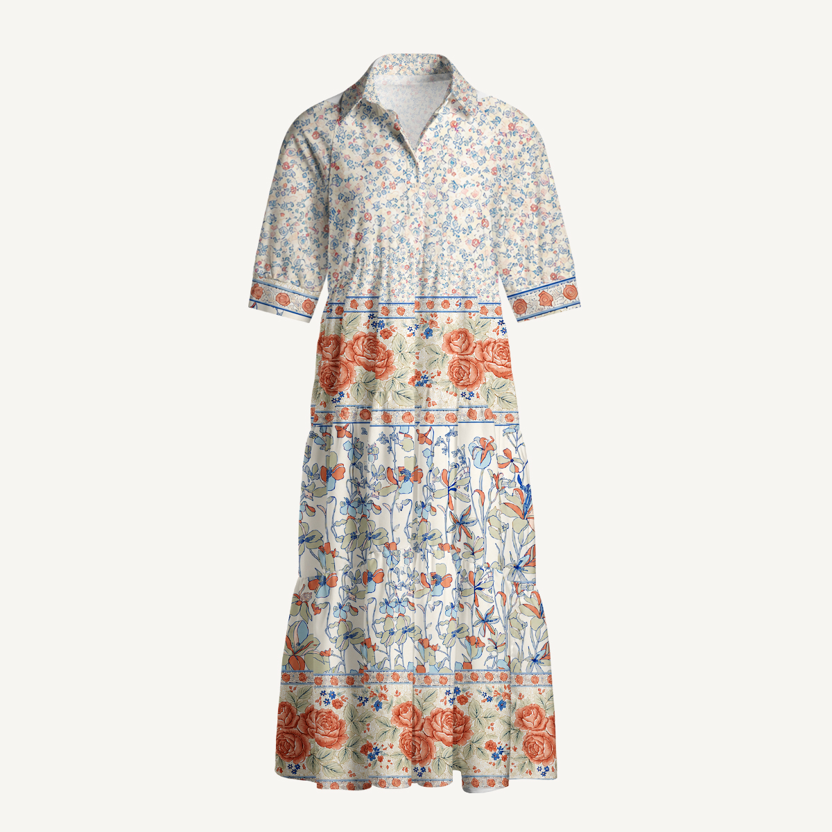 Wildflower & Rose Garden Print Elbow-Length Sleeve Maxi Dress With Pockets
