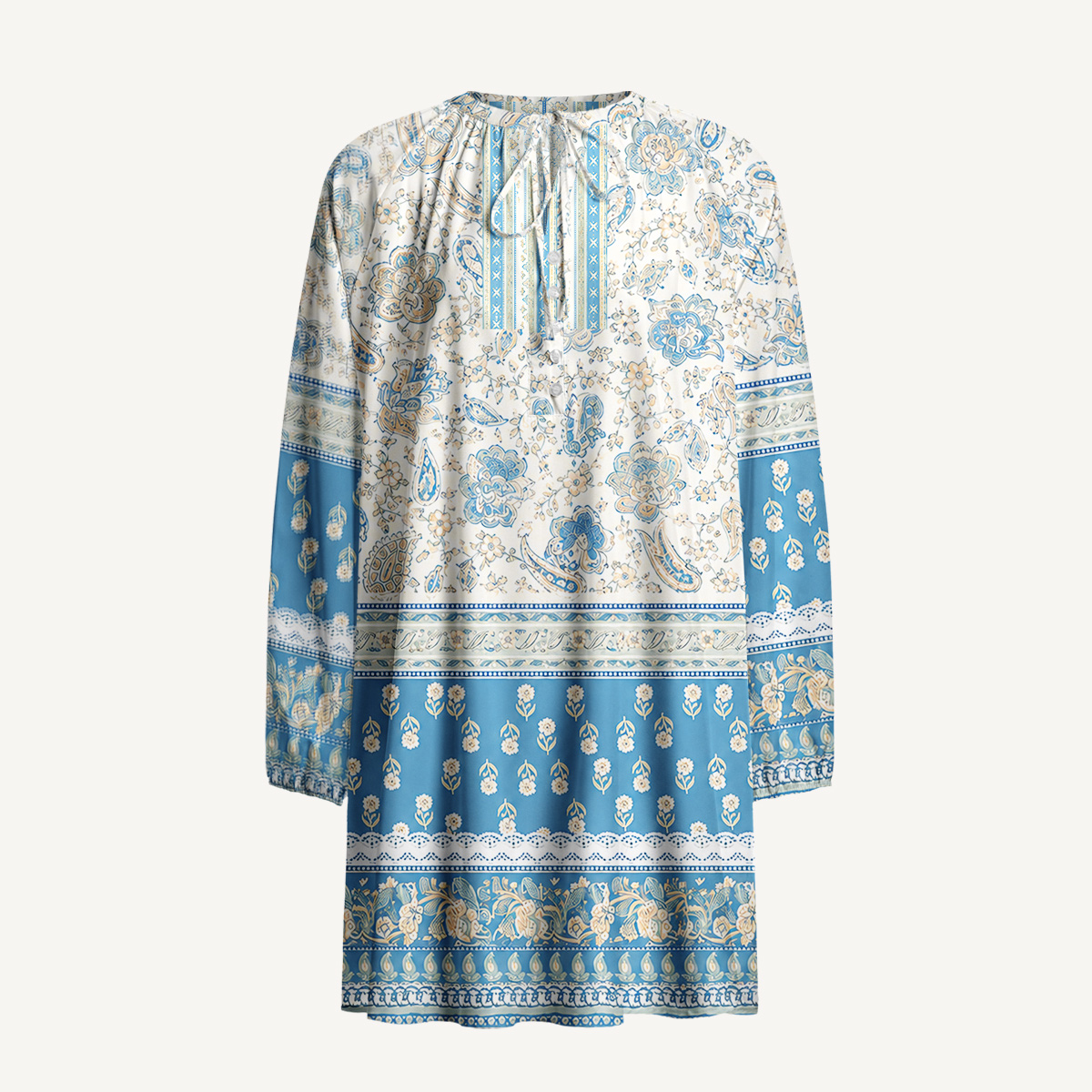 Blue Vintage Floral Border Tie‑Neck Long Sleeve Mini Dress