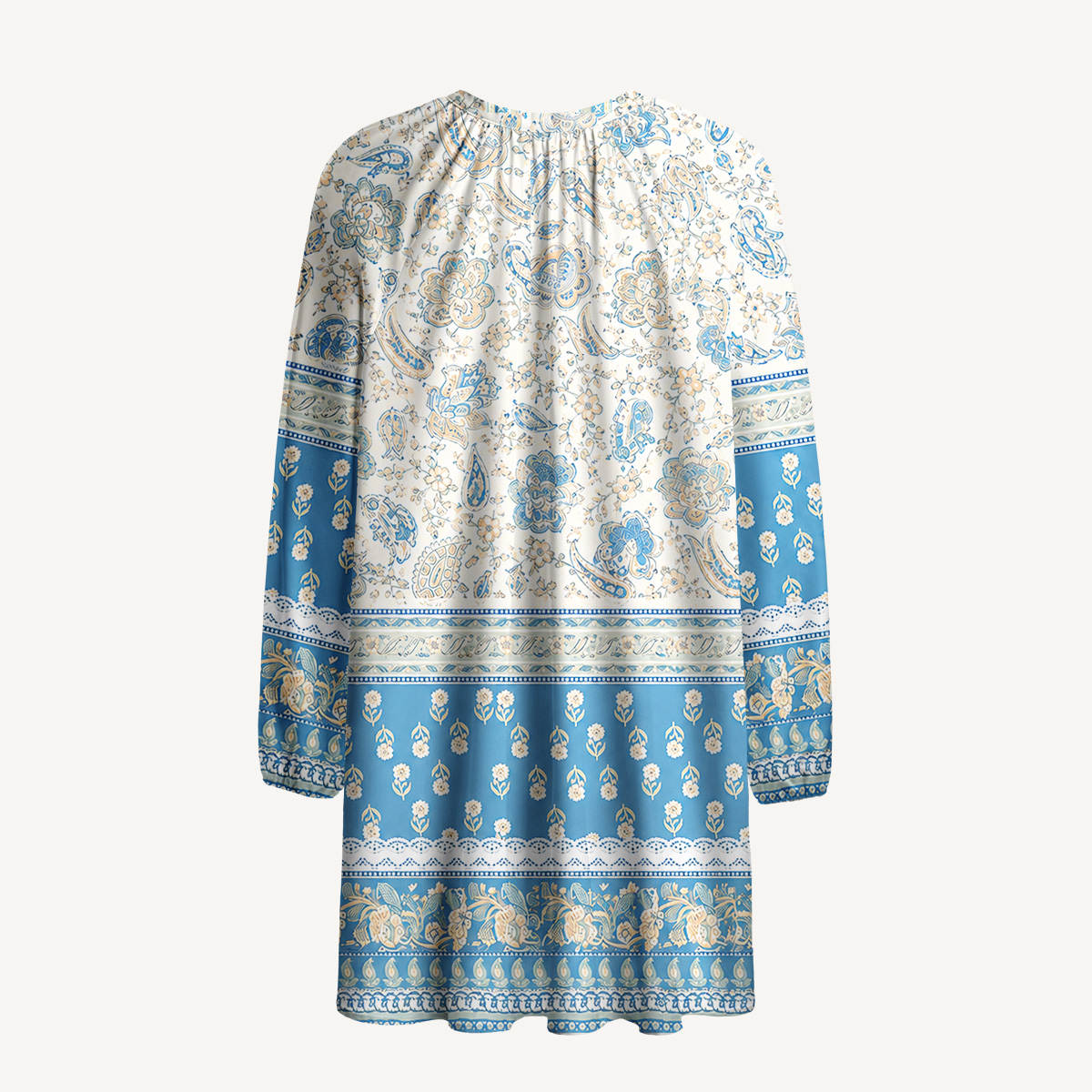 Blue Vintage Floral Border Tie‑Neck Long Sleeve Mini Dress
