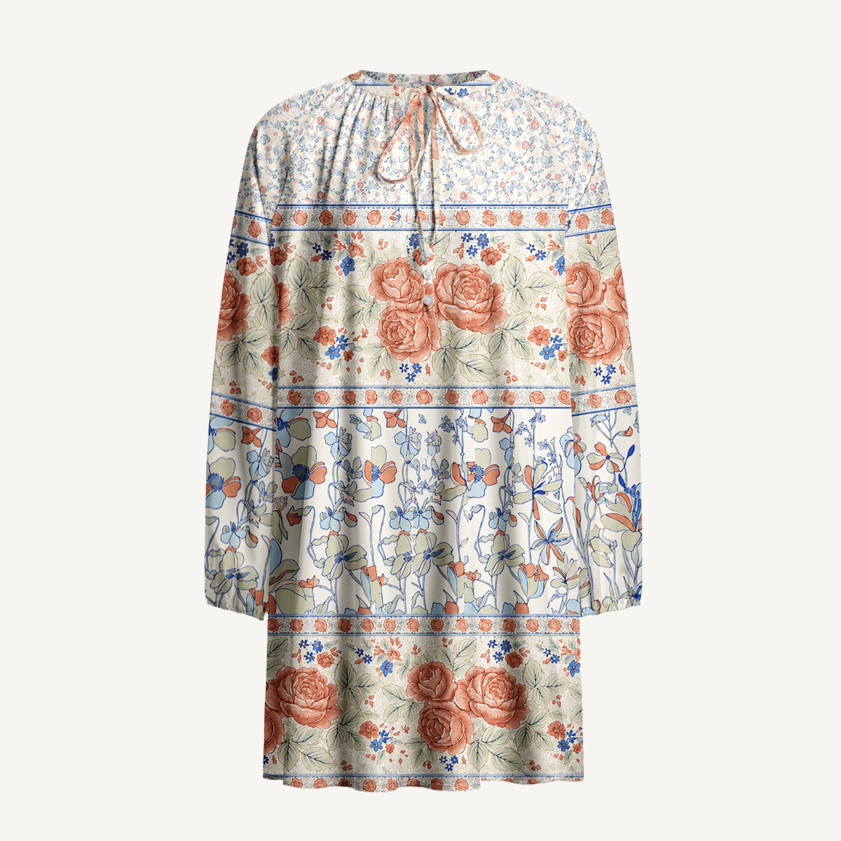 Wildflower & Rose Garden Print Tie‑Neck Long Sleeve Mini Dress
