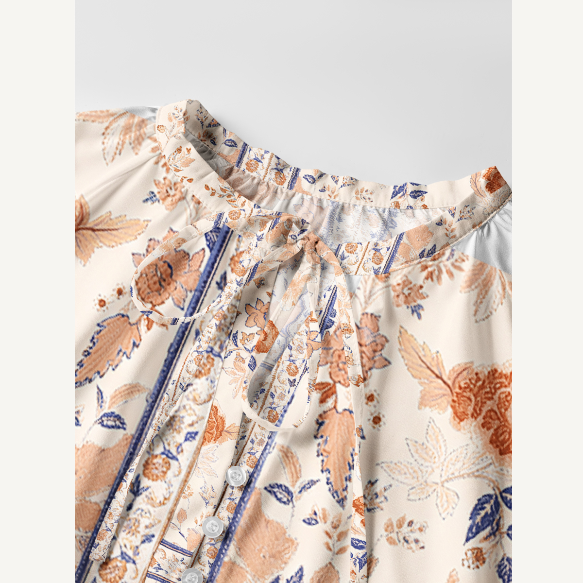Floral Vine Print Tie‑Neck Long Sleeve Women Mini Dress