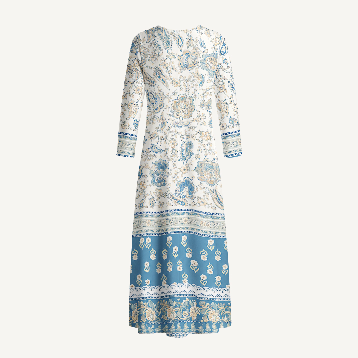 Blue Vintage Floral Border Soft-Touch Stretch Knit Long Sleeve Maxi Dress with Pockets
